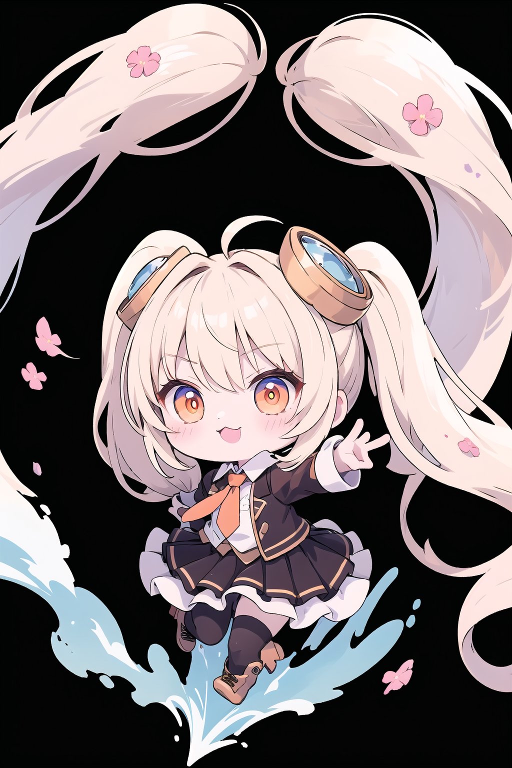 Layla_ML 1 Girl, chibi, orange eyes, very long twin ponytails, white shirt, tie, short brown jacket, short pleated skirt, black stockings, White background, wavy and dynamic movement Floating pastel flower petals Anime soft. Cute, Colorful pointed flag scribbles, beads :3, full body, Boots 