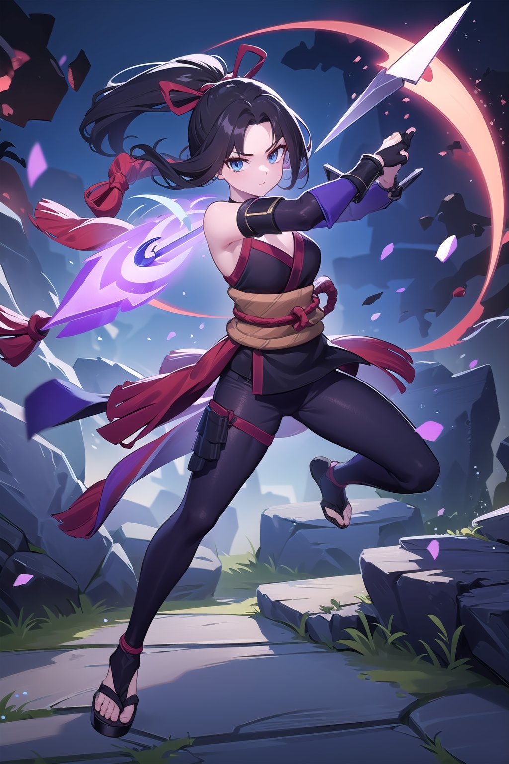 1 ninja girl, adult, black hair, blue eyes, pose ninja, Stand, full body, dark background, light splashes, rocks, kunai, ScarletFlower