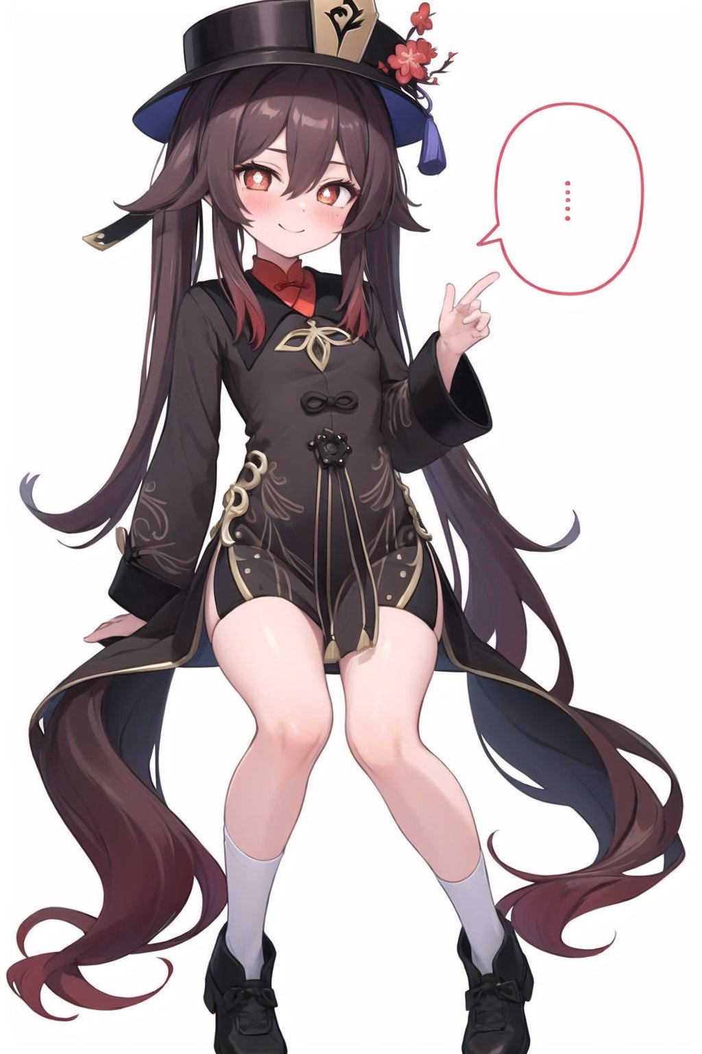 conceptual design, white background, 1girl, small waist, small breasts, black leg stockings, full body, smiling, blushing, speech bubble, star, hu_tao, long hair, pupil shaped symbol, twintails, flower, hair in between eyes, long sleeves, hat, flower-shaped pupils, black headdress, very long hair, flower hat, chinese dress,