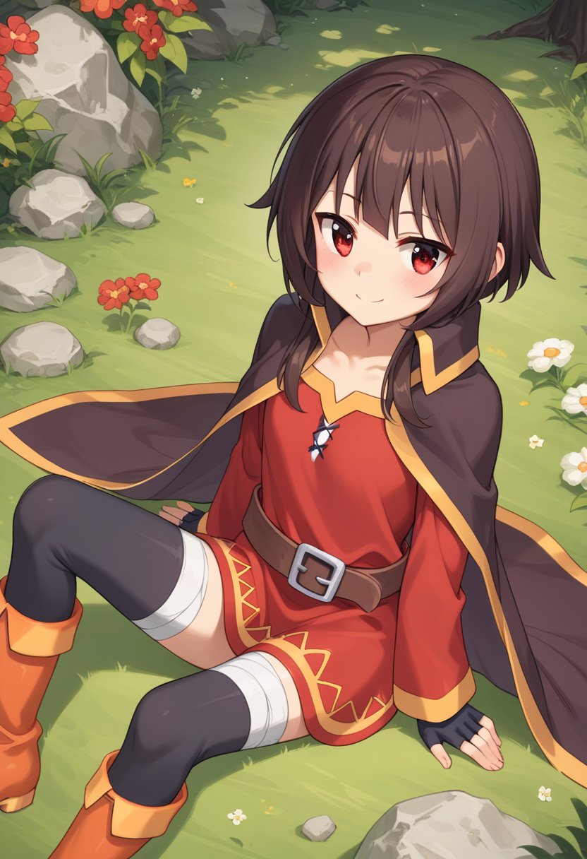 score_9, score_8_up, score_7_up, source_anime,  highly detailed, BREAK, 
  1girl,Meguminn, Red eyes, red dress, brown split cape, large belt, bandages & black stockings, boots, Sitting on the grass, smile, breeze, trees flowers sky clouds, rocks,megumin, red eyes, brown hair,short hair with long locks, From above, bangs