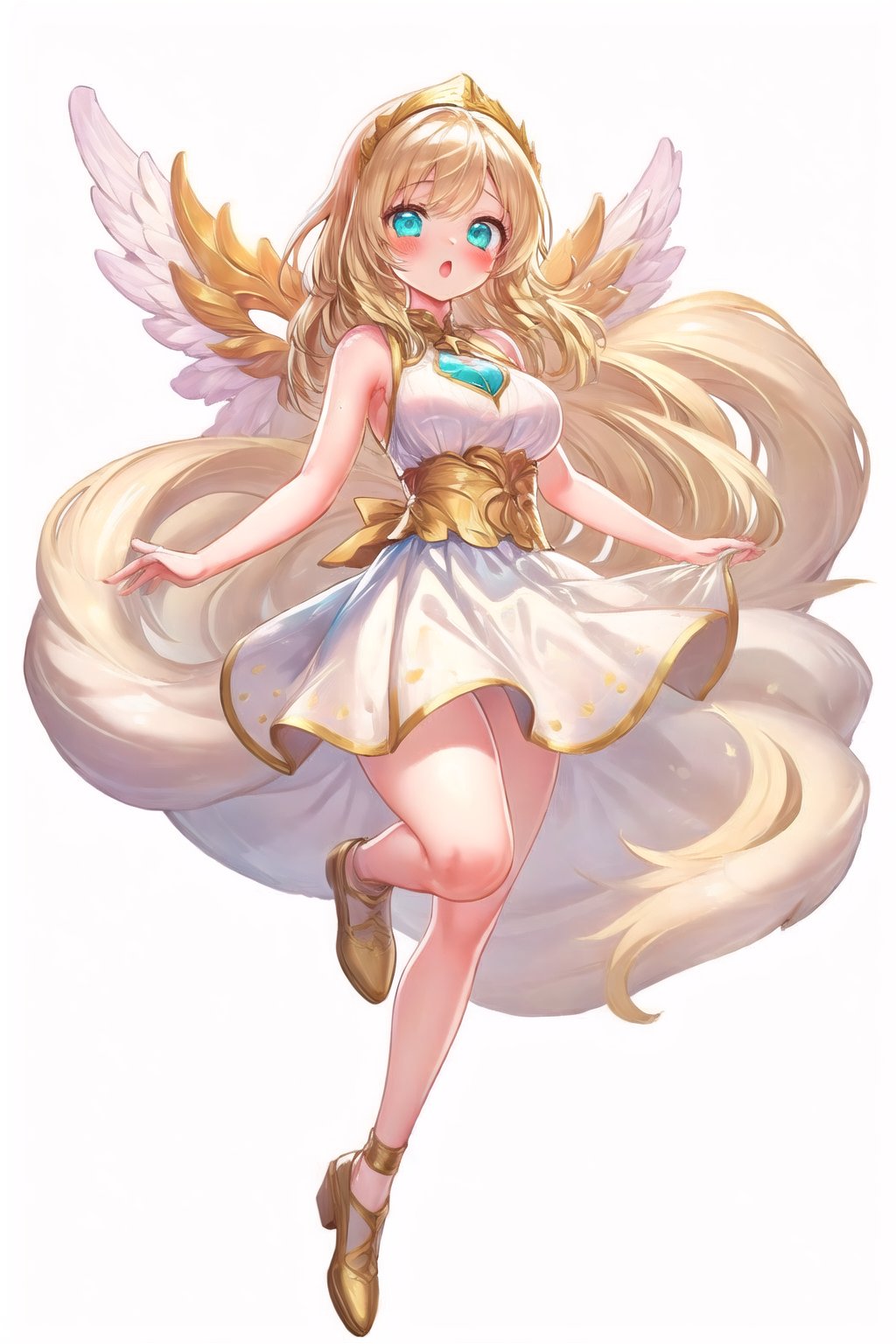 conceptual design, white background, 1girl, hair accessories, blonde hair, Aqua eyes, white dress, sleeveless, decoration, full body, :o, blushing, speech bubble, star, RafaDewi,Angel