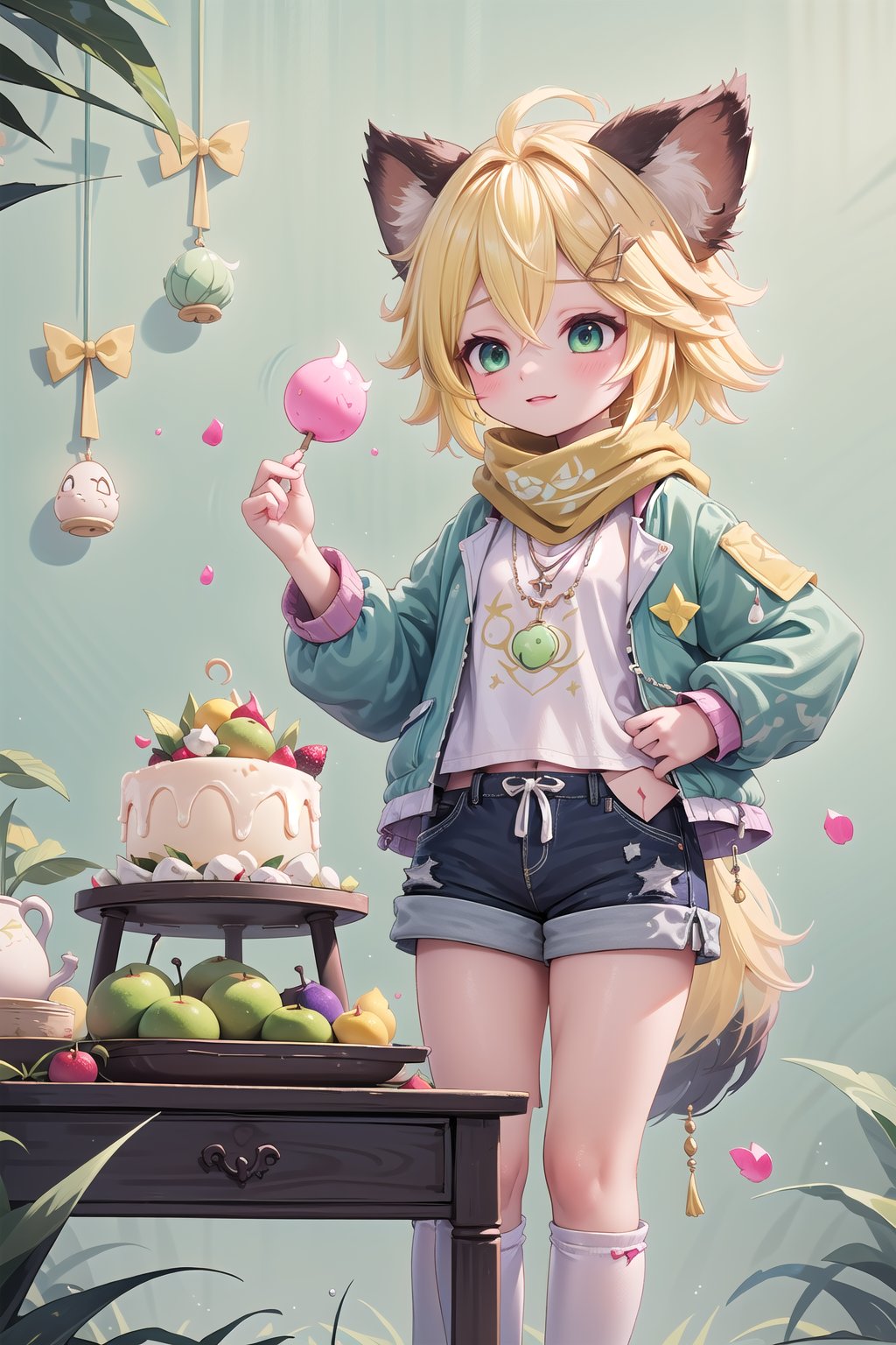 1 Girl, short blonde hair, brown animal ears, green eyes, hairpin, long yellow scarf, a strand of hair standing up, short black t-shirt, green short jacket, necklace, lollipop, shorts, sweet background, joy, "elegant crystal, graceful curves, Filled with orange and white marble fluid forming a fox shape, wavy and dynamic movement Floating pastel flower petals Anime soft pink gradient background and bright colors. Cute, short blonde hair, animal ears brown, hairpin, yellow scarf, pendant, green rolled up jacket, short black t-shirt, shorts, cloth, necklace, black stockings, indoor background, decoration, table, fruits, grass, flowers, colour_textDecoration, board write, grass, flowers, text, joyml, tousled hair, toys, scattered, Look for it, A strand of hair stands up,Books, children's games, cloth, colorful pointed flags, cups, cakes, Snotty, Red nose, standing, leaning against the wall, thin body, Slim 