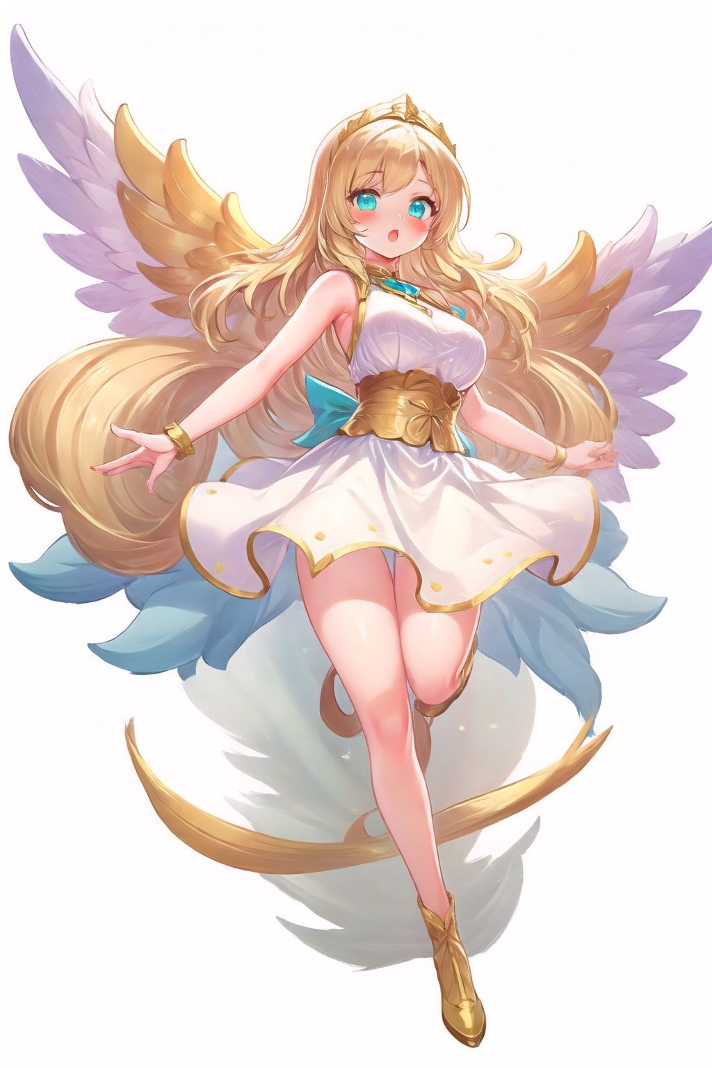 conceptual design, white background, 1girl, hair accessories, blonde hair, Aqua eyes, white dress, sleeveless, decoration, full body, :o, blushing, speech bubble, star, RafaDewi,Angel,RafaGoddess, Angel's Milestone 