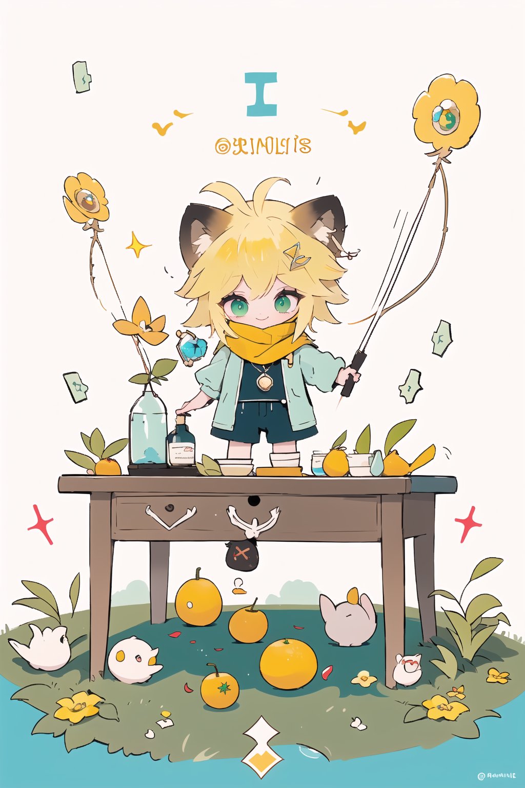 1 Girl, short blonde hair, brown animal ears, green eyes, hairpin, long yellow scarf, a strand of hair standing up, short black t-shirt, green short jacket, necklace, lollipop, shorts, sweet background, joy, "elegant crystal, graceful curves, Filled with orange and white marble fluid forming a fox shape, wavy and dynamic movement Floating pastel flower petals Anime soft pink gradient background. Cute, short blonde hair, animal ears brown, hairpin, yellow scarf, pendant, green rolled up jacket, short black t-shirt, shorts, cloth, necklace, black stockings, In a glass bottle, decoration, table, fruits, grass, flowers, colour_textDecoration, board write, grass, flowers, text, joyml, tousled hair, toys, scattered, Look for it, A strand of hair stands up,Books, children's games, cloth, colorful pointed flags, cups, cakes, Snotty, Red nose, standing, leaning against the wall, thin body, Slim Mouth open in smile Grinning, happy conceptual design, In a glass bottle  