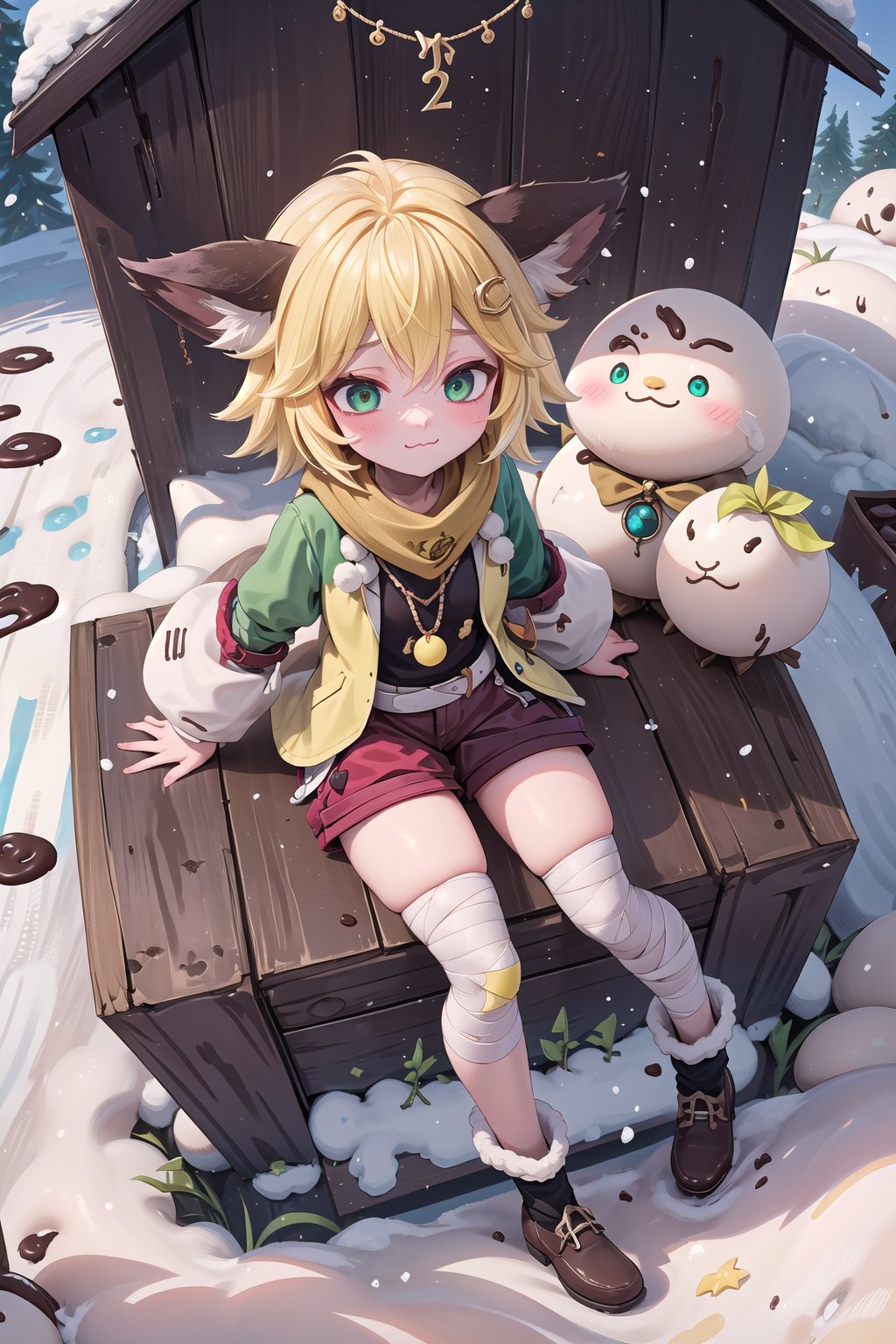 joyml,SantaLap,Snow,Snowflakes,Winter, 1 girl short blonde hair brown animal ears pierced hairpin yellow scarf pendant short red jacket bandage sleeve short red pants bandage on thigh, Wooden house, snow falling, Green eyes, a strand of hair, a necklace string, a Sit down, :3, One eye closed, From above, Holding a love chocolate cake , A strand of hair stood up 