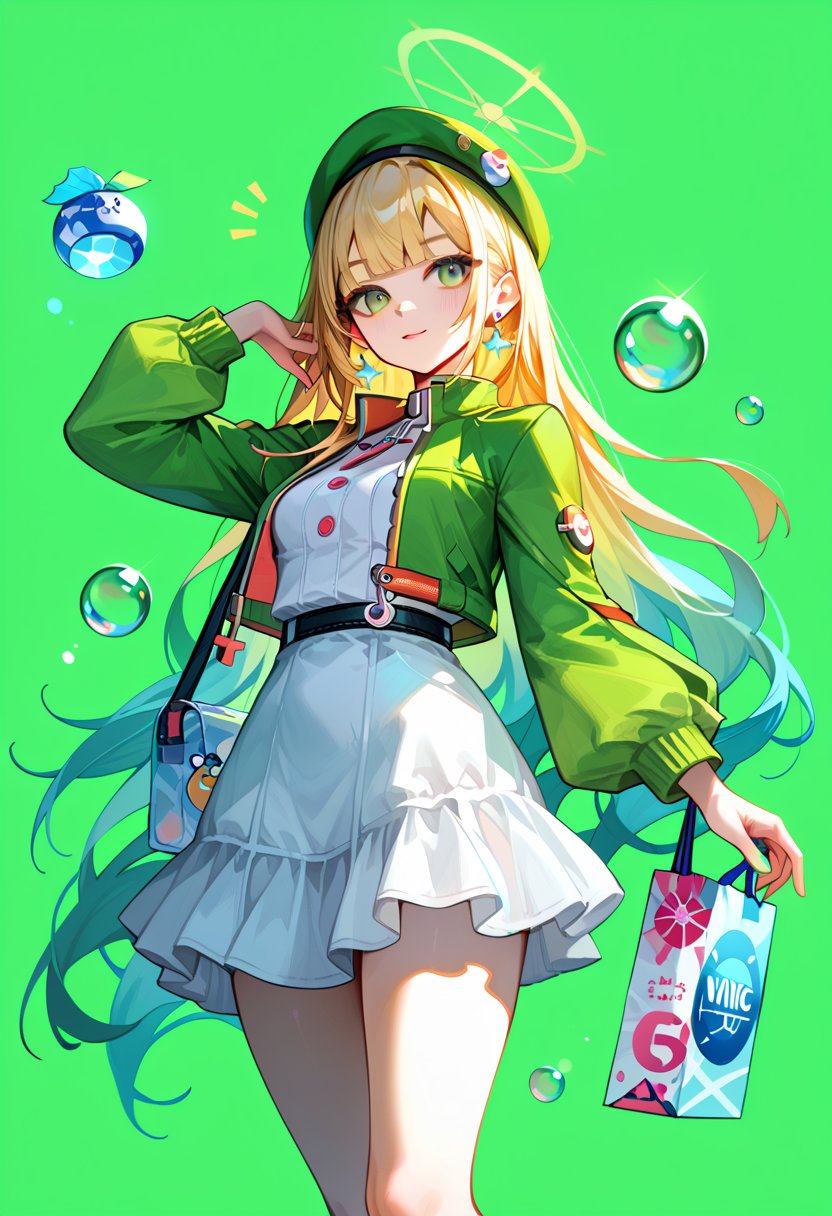 score_9, score_8_up, score_7_up, score_6_up, , score_5_up, , score_4_up, 
BREAK , 

masterpiece, best quality, Looking at the audience, 1girl solo, bangs,pose,Floryn, Blonde hair colorful hair long green beret, white dress green crop short jacket long sleeve, strap bag, green bubble background,