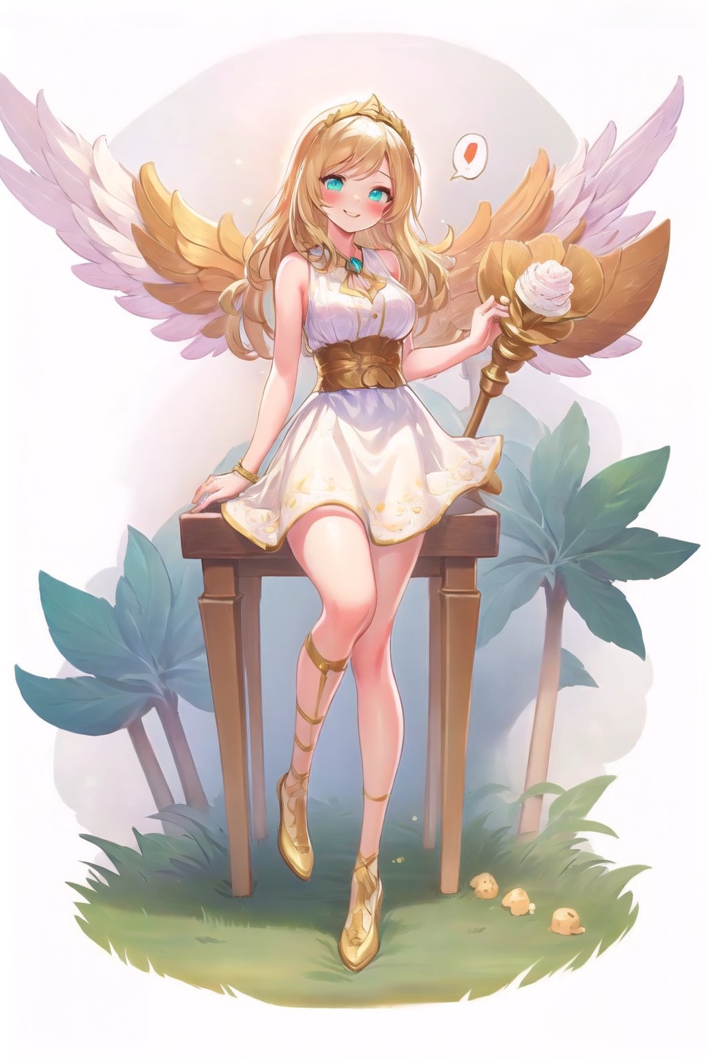 conceptual design, white background, 1girl, hair accessories, blonde hair, Aqua eyes, white dress, sleeveless, decoration, full body, smile, pose flower, holding a sponge cake, blushing, speech bubble, star, RafaDewi,Angel,RafaGoddess, Angel's Milestone,Sit down, Grass,