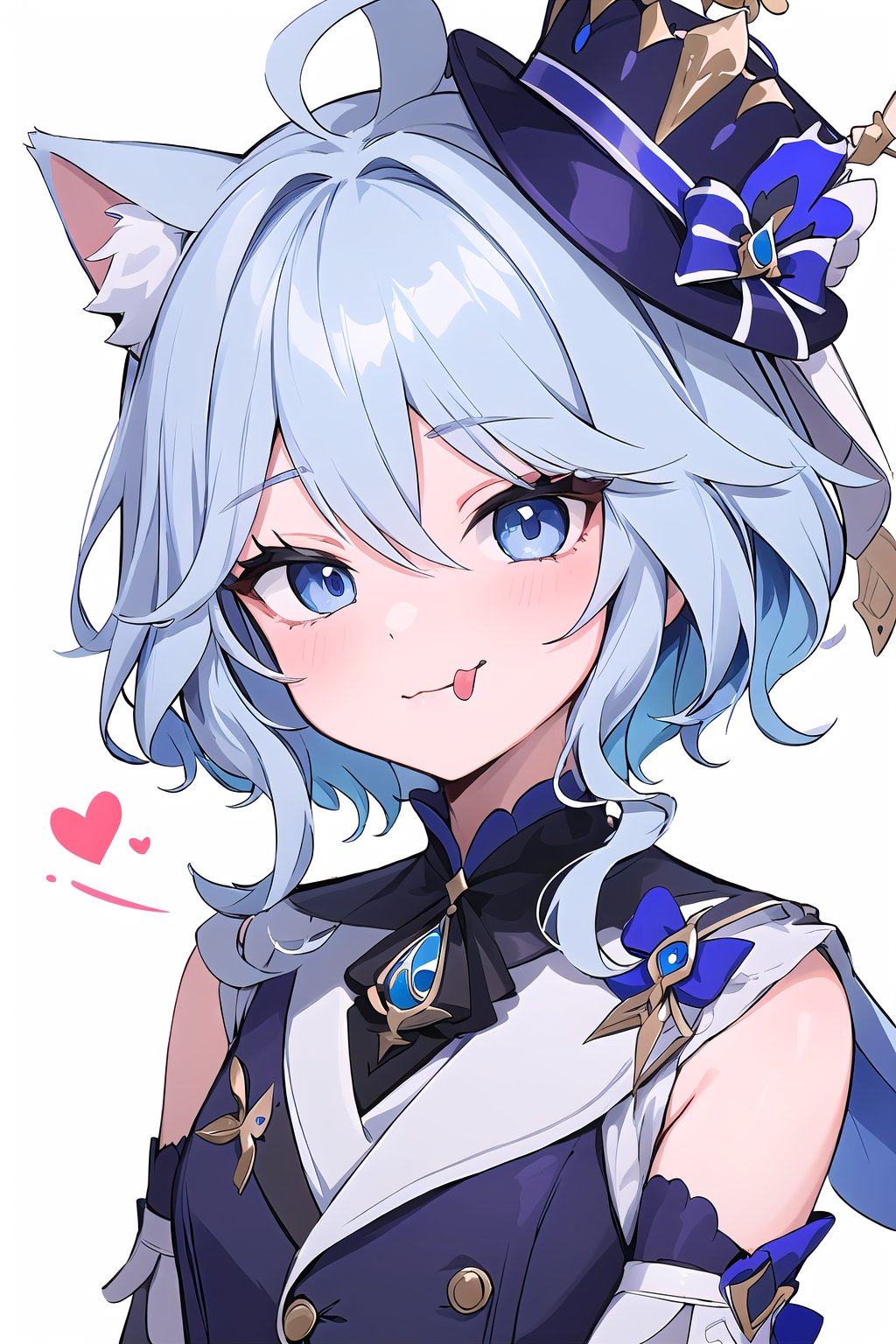 1 girl, Furina, details of blue eyes, cat ears, messy blue hair, part of the face, mochi ice white background, spots on furina's face \(genshin impact\), :3, Heart sayings, small hats, Tongue out 