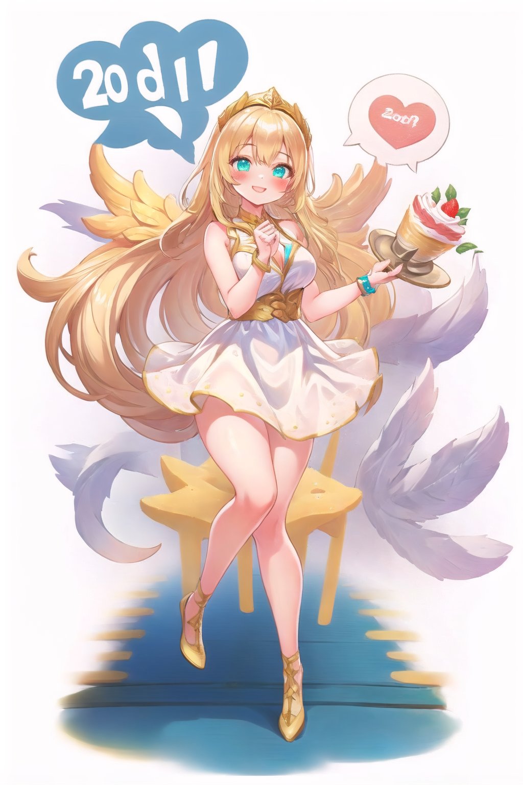 conceptual design, white background, 1girl, hair accessories, blonde hair, Aqua eyes, white dress, sleeveless, decoration, full body, smile, pose flower, holding a sponge cake, blushing, speech bubble, star, RafaDewi,Angel,RafaGoddess, Angel's Milestone,Sit 