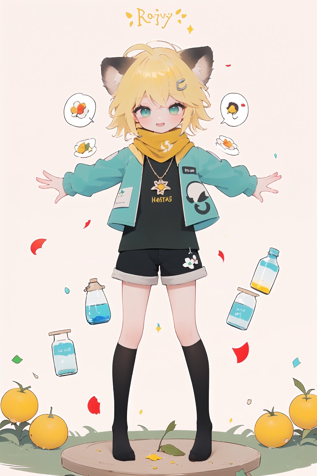 1 Girl, short blonde hair, brown animal ears, green eyes, hairpin, long yellow scarf, a strand of hair standing up, short black t-shirt, green short jacket, necklace, lollipop, shorts, sweet background, joy, "elegant crystal, graceful curves, Filled with orange and white marble fluid forming a fox shape, wavy and dynamic movement Floating pastel flower petals Anime soft pink gradient background. Cute, short blonde hair, animal ears brown, hairpin, yellow scarf, pendant, green rolled up jacket, short black t-shirt, shorts, cloth, necklace, black stockings, In a glass bottle, decoration, table, fruits, grass, flowers, colour_textDecoration, board write, grass, flowers, text, joyml, tousled hair, toys, scattered, Look for it, A strand of hair stands up,Books, children's games, cloth, colorful pointed flags, cups, cakes, Snotty, Red nose, standing, leaning against the wall, thin body, Slim Mouth open in smile Grinning, happy conceptual design, In a glass bottle  