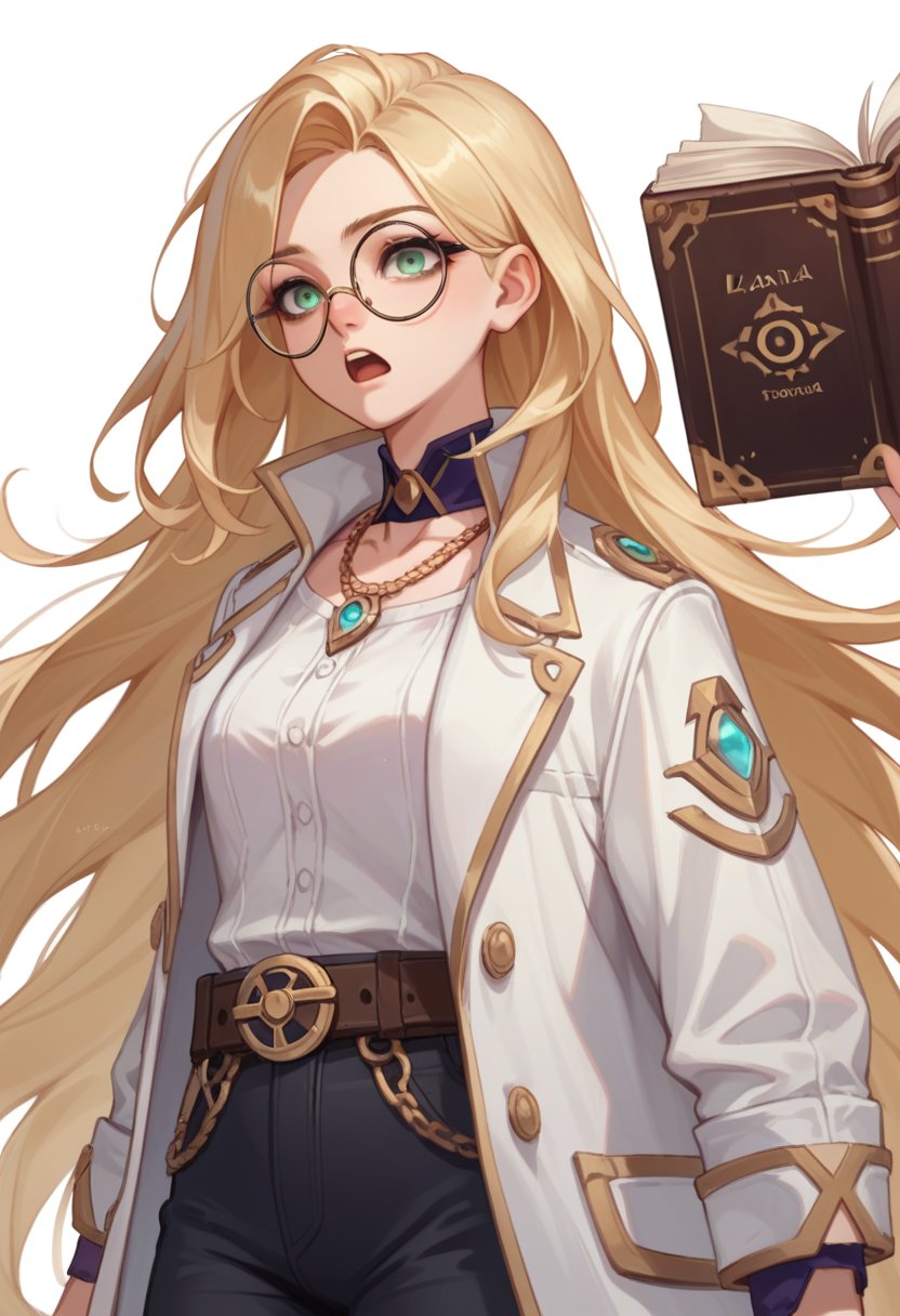 score_9, score_8_up, score_7_up, source_anime,  highly detailed, BREAK, 
  1girl,Layla, Round glasses, very long blonde hair, green eyes, White shirt with belt, black pants, necklace, lilotin, book, white coat White background, upper body, mouth open 