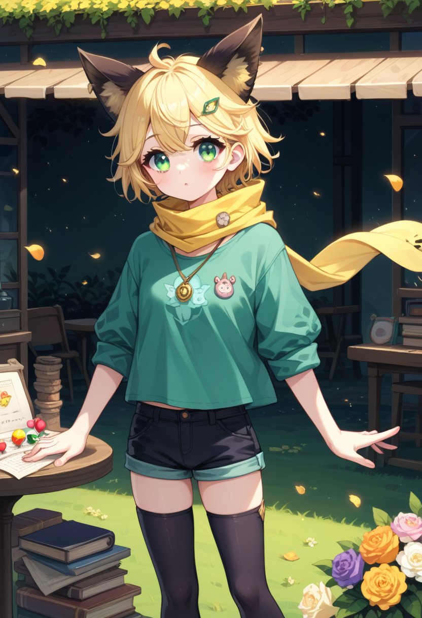 score_9, score_8_up, score_7_up, score_6_up, , score_5_up, , score_4_up, 
BREAK , 

1Girl, short blonde hair, brown animal ears, green eyes, hairpin, long yellow scarf, a strand of hair standing up, short black t-shirt, green short jacket, necklace, lollipop, shorts, sweet background, joy, "elegant crystal, graceful curves, Filled with orange and white marble fluid forming a fox shape, wavy and dynamic movement Floating pastel flower petals Anime soft pink gradient background. Cute, short blonde hair, animal ears brown, hairpin, yellow scarf, pendant, green rolled up jacket, short black t-shirt, shorts, cloth, necklace, black stockings, indoor background, decoration, table, fruits, grass, flowers, board write, grass, flowers, text, joyml, tousled hair, toys, scattered, Look for it, A strand of hair stands up,Books, children's games, cloth, colorful pointed flags, cups, cakes, Snotty, Red nose, standing, leaning against the wall, thin body, Slim, Small body,Joy