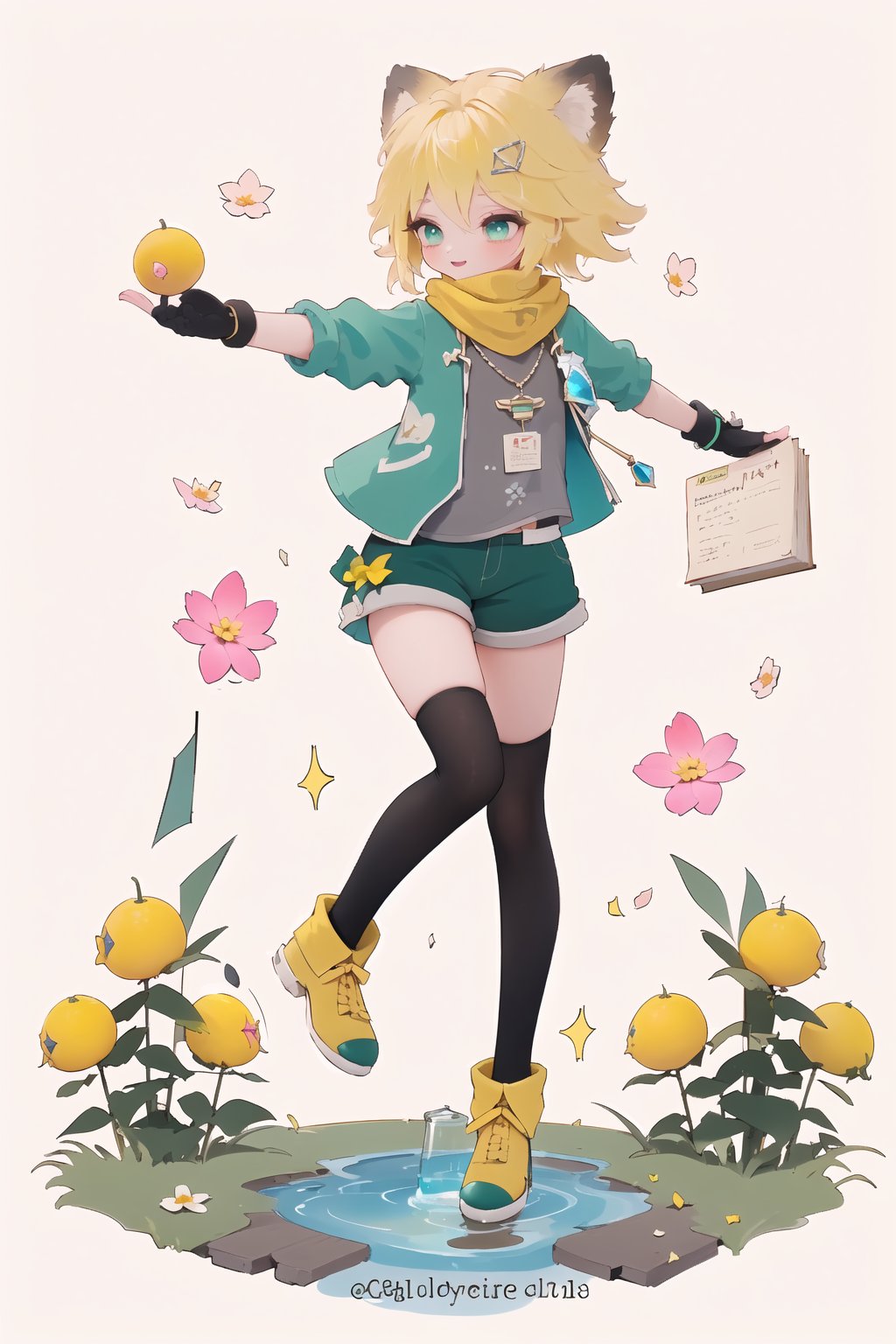 1 Girl, short blonde hair, brown animal ears, green eyes, hairpin, long yellow scarf, a strand of hair standing up, short black t-shirt, green short jacket, necklace, lollipop, shorts, sweet background, joy, "elegant crystal, graceful curves, Filled with orange and white marble fluid forming a fox shape, wavy and dynamic movement Floating pastel flower petals Anime soft pink gradient background. Cute, short blonde hair, animal ears brown, hairpin, yellow scarf, pendant, green rolled up jacket Short sleeve, short black t-shirt, shorts, cloth, necklace, black stockings, In a glass bottle, decoration, table, fruits, grass, flowers, colour_textDecoration, board write, grass, flowers, text, joyml, tousled hair, toys, scattered, Look for it, A strand of hair stands up,Books, children's games, cloth, colorful pointed flags, cups, cakes, Snotty, Red nose, standing, leaning against the wall, thin body, Slim Mouth open in smile Grinning, happy conceptual design, In a glass bottle, Gloves,