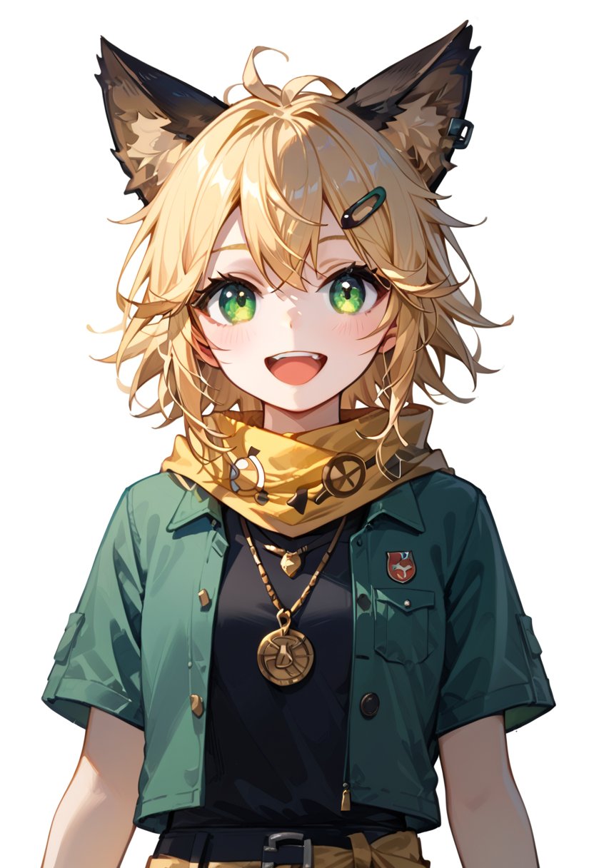 score_9, score_8_up, score_7_up, score_6_up, , score_5_up, , score_4_up, 
BREAK , 

masterpiece, best quality, Looking at the audience, 1girl solo, bangs,Joy, Currently blonde hair brown animal ears lilotin necklace short black shirt, green eyes hair clip long yellow scarf one strand of hair standing up green jacket croopet short sleeves Shorts, Upper body, sitting, White background, happy,:3