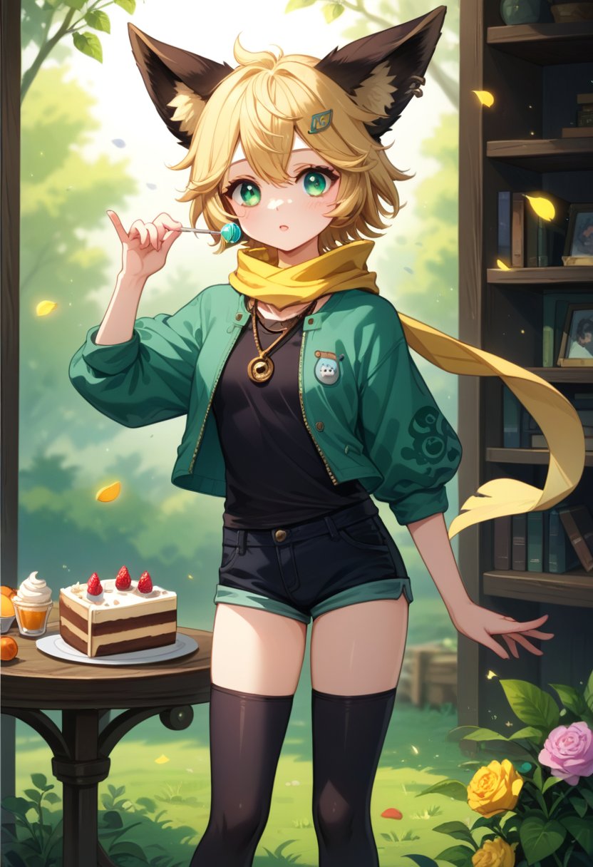 score_9, score_8_up, score_7_up, score_6_up, , score_5_up, , score_4_up, 
BREAK , 

1Girl, short blonde hair, brown animal ears, green eyes, hairpin, long yellow scarf, a strand of hair standing up, short black t-shirt, green short jacket, necklace, lollipop, shorts, sweet background, joy, "elegant crystal, graceful curves, Filled with orange and white marble fluid forming a fox shape, wavy and dynamic movement Floating pastel flower petals Anime soft pink gradient background and bright colors. Cute, short blonde hair, animal ears brown, hairpin, yellow scarf, pendant, green rolled up jacket, short black t-shirt, shorts, cloth, necklace, black stockings, indoor background, decoration, table, fruits, grass, flowers, colour_textDecoration, board write, grass, flowers, text, joyml, tousled hair, toys, scattered, Look for it, A strand of hair stands up,Books, children's games, cloth, colorful pointed flags, cups, cakes, Snotty, Red nose, standing, leaning against the wall, thin body, Slim