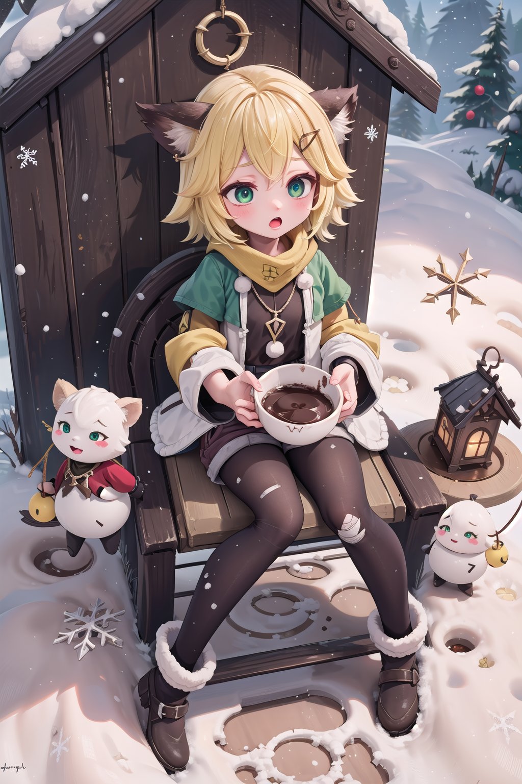 joyml,SantaLap,Snow,Snowflakes,Winter, 1 girl short blonde hair brown animal ears pierced hairpin yellow scarf pendant short red jacket bandage sleeve short red pants bandage on thigh, Wooden house, snow falling, Green eyes, a strand of hair, a necklace string, a Sit down, Holding a cup of hot chocolate, from above, :o,