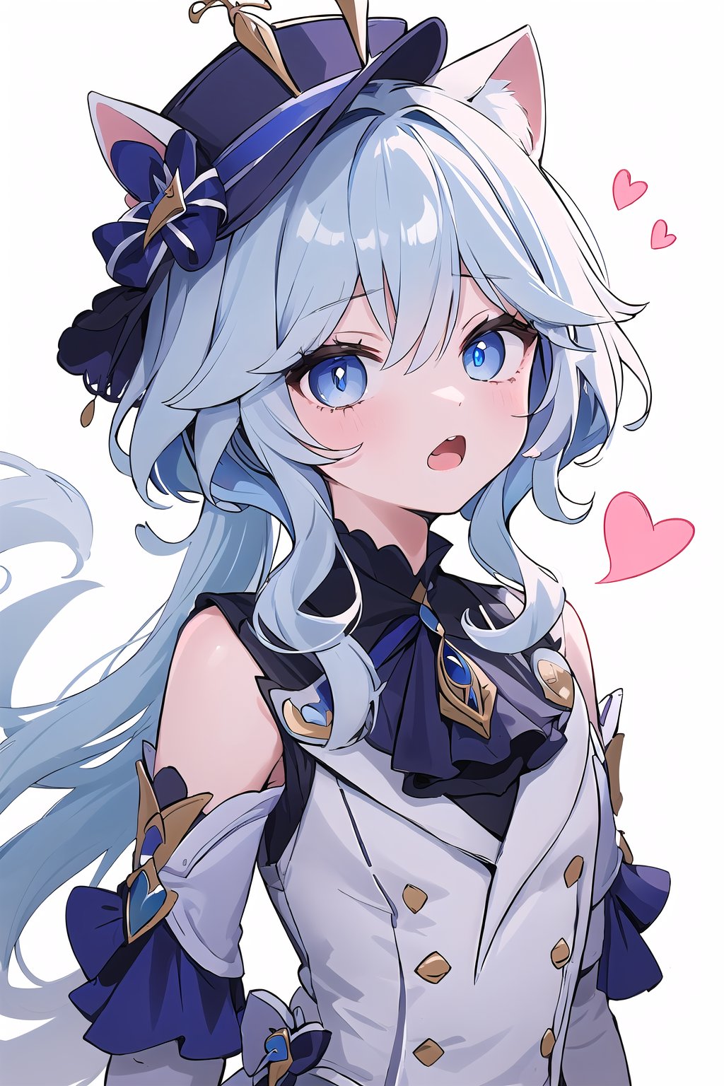 1 girl, Furina, details of blue eyes, cat ears, messy blue hair, part of the face, mochi ice white background, spots on furina's face \(genshin impact\), :3, Heart sayings, small hats, open mouth 