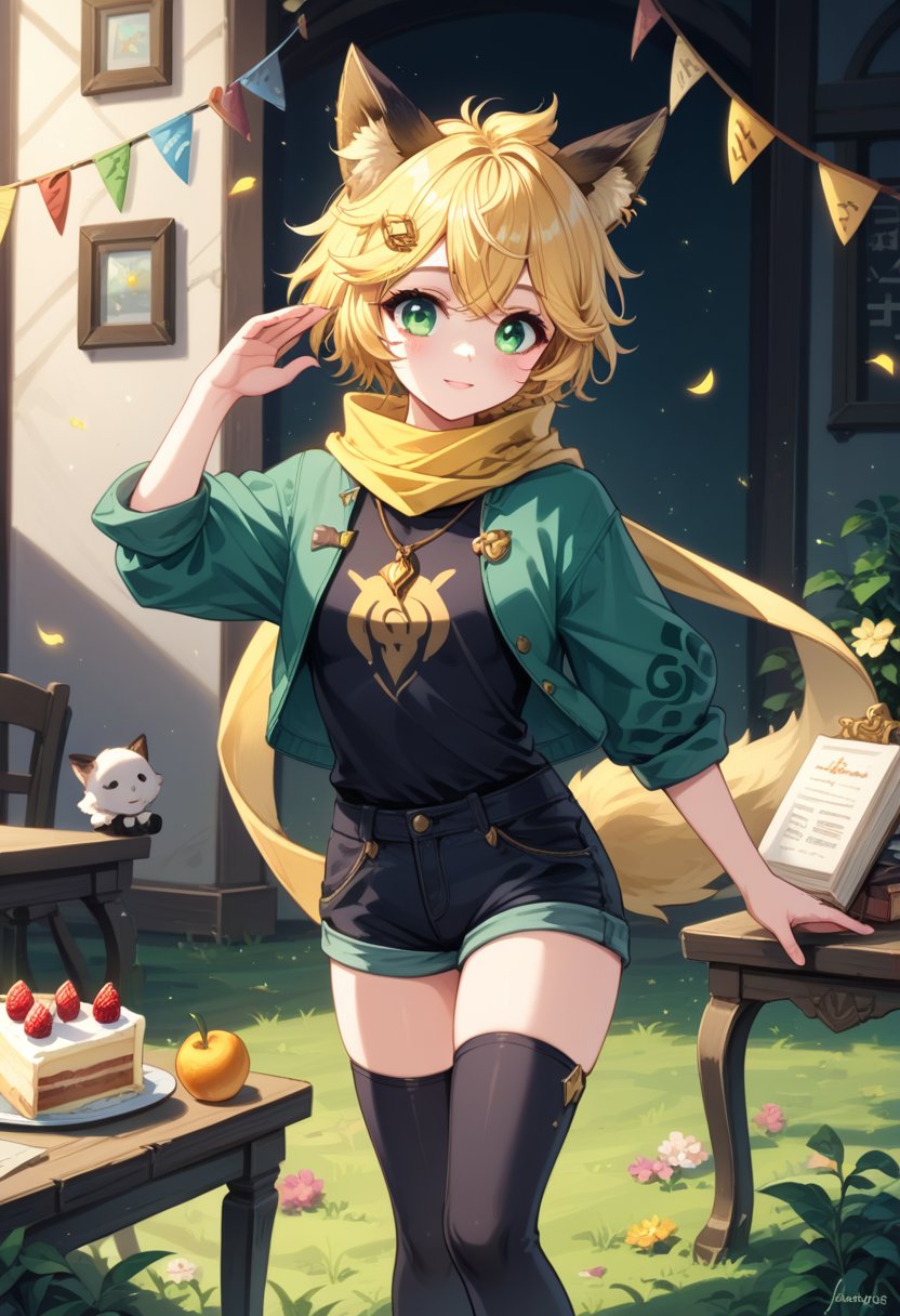 score_9, score_8_up, score_7_up, score_6_up, , score_5_up, , score_4_up, 
BREAK , 

1 little girl, short blonde hair, brown animal ears, green eyes, hairpin, long yellow scarf, a strand of hair standing up, short black t-shirt, green short jacket, necklace, shorts, sweet background, joy, "elegant crystal, graceful curves, Filled with orange and white marble fluid forming a fox shape, wavy and dynamic movement Floating pastel flower petals Anime soft pink gradient background. Cute, short blonde hair, animal ears brown, hairpin, yellow scarf, pendant, green rolled up jacket, short black t-shirt, shorts, cloth, necklace, black stockings, indoor background, decoration, table, fruits, grass, flowers, board write, grass, flowers, text, joyml, tousled hair, toys, scattered, Look for it, A strand of hair stands up,Books, children's games, cloth, colorful pointed flags, cups, cakes, Snotty, Red nose, standing, leaning against the wall, thin body, Joy, Gold decorations on the le