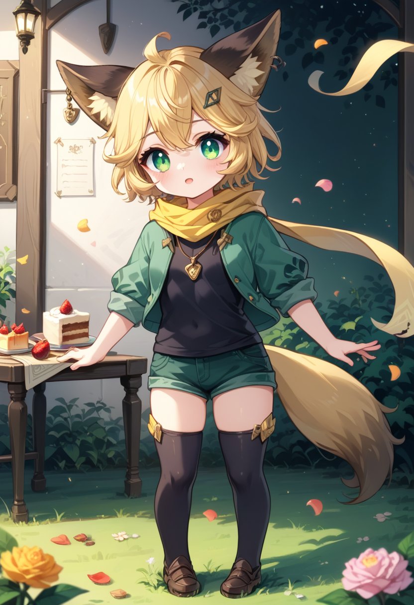 score_9, score_8_up, score_7_up, score_6_up, , score_5_up, , score_4_up, 
BREAK , 

1Girl, short blonde hair, brown animal ears, green eyes, hairpin, long yellow scarf, a strand of hair standing up, short black t-shirt, green short jacket, necklace, shorts, sweet background, joy, "elegant crystal, graceful curves, Filled with orange and white marble fluid forming a fox shape, wavy and dynamic movement Floating pastel flower petals Anime soft pink gradient background. Cute, short blonde hair, animal ears brown, hairpin, yellow scarf, pendant, green rolled up jacket, short black t-shirt, shorts, cloth, necklace, black stockings, indoor background, decoration, table, fruits, grass, flowers, board write, grass, flowers, text, joyml, tousled hair, toys, scattered, Look for it, A strand of hair stands up,Books, children's games, cloth, colorful pointed flags, cups, cakes, Snotty, Red nose, standing, leaning against the wall, thin body, chibi,Joy