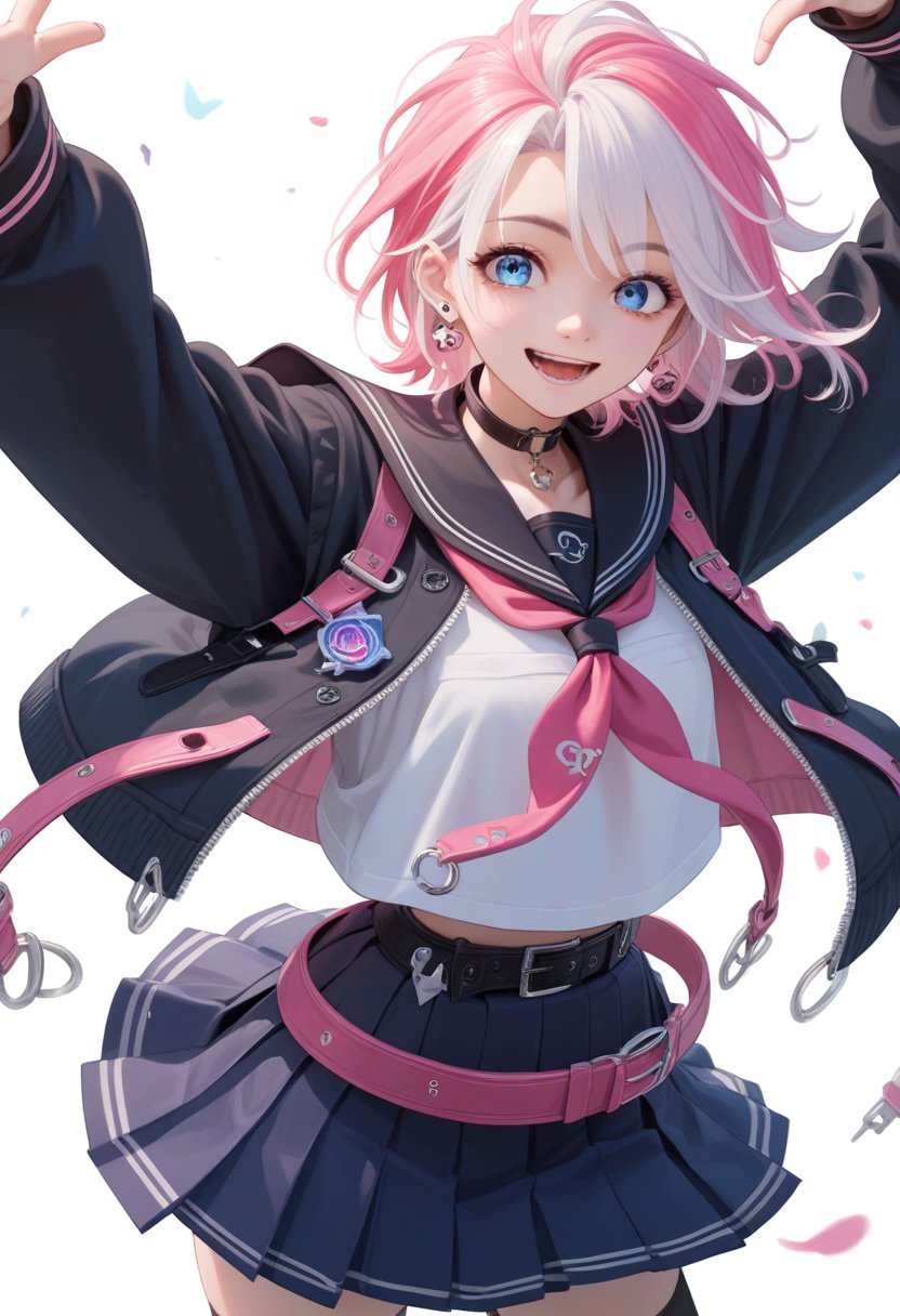 score_9, score_8_up, score_7_up, source_anime,  highly detailed, BREAK, 
  1girl,mellisa , Short colorful hair, white hair, pink hair,  hair, Black Japanese school uniform, light blue short pleated skirt, piercings, blue eyes, Belt, Black stockings, smile, White background, happy, 