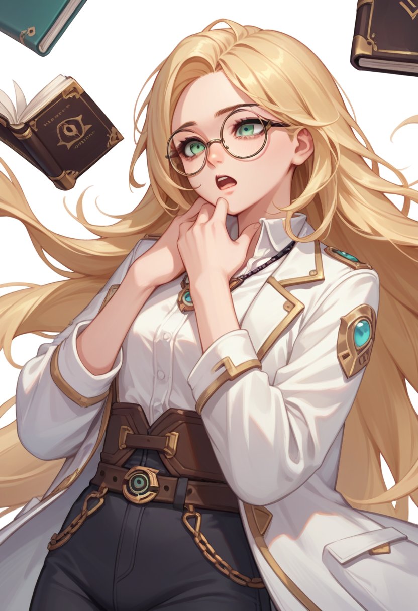 score_9, score_8_up, score_7_up, source_anime,  highly detailed, BREAK, 
  1girl,Layla, Round glasses, very long blonde hair, green eyes, White shirt with belt, black pants, necklace, lilotin, book, white coat White background, upper body, Hand on chin, mouth open 