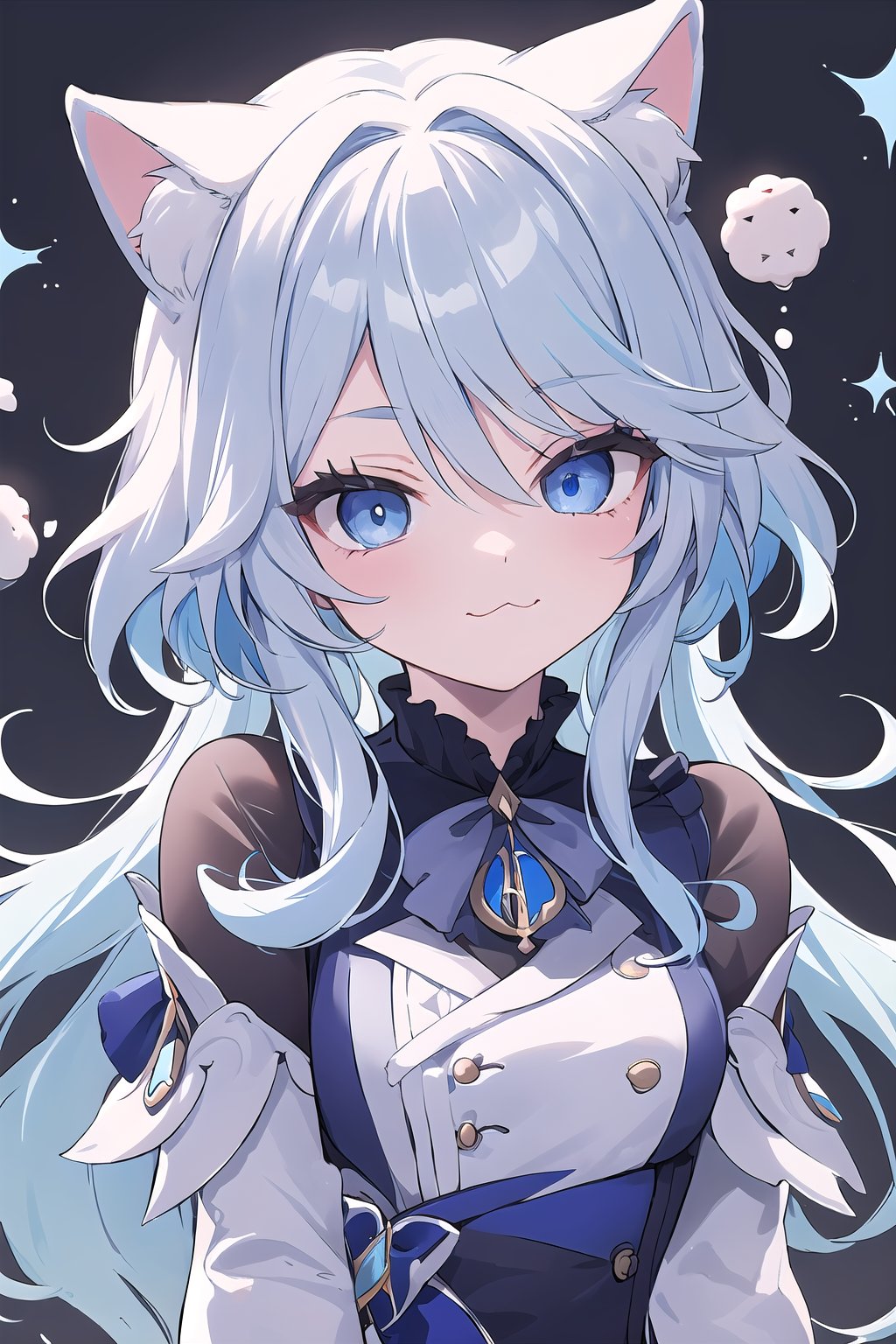 1 girl, Furina, details of blue eyes, cat ears, messy blue hair, part of the face, mochi ice background, black spots on furina's face \(genshin impact\), :3, +_+,