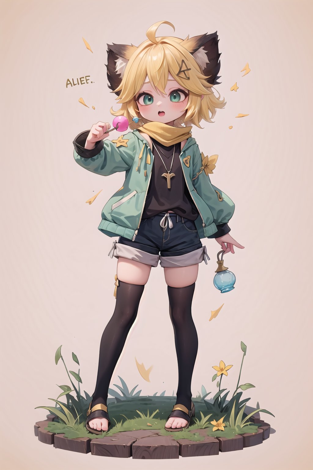 1 Girl, short blonde hair, brown animal ears, green eyes, hairpin, long yellow scarf, a strand of hair standing up, short black t-shirt, green short jacket, necklace, lollipop, shorts, sweet background, joy, "elegant crystal, graceful curves, Filled with orange and white marble fluid forming a fox shape, wavy and dynamic movement Floating pastel flower petals Anime soft pink gradient background and bright colors. Cute, short blonde hair, animal ears brown, hairpin, yellow scarf, pendant, green rolled up jacket, short black t-shirt, shorts, cloth, necklace, black stockings, indoor background, decoration, table, fruits, grass, flowers, colour_textDecoration, board write, grass, flowers, text, joyml, tousled hair, toys, scattered, Look for it, A strand of hair stands up,Books, children's games, cloth, colorful pointed flags, cups, cakes, Snotty, Red nose, standing, leaning against the wall, thin body, Slim 