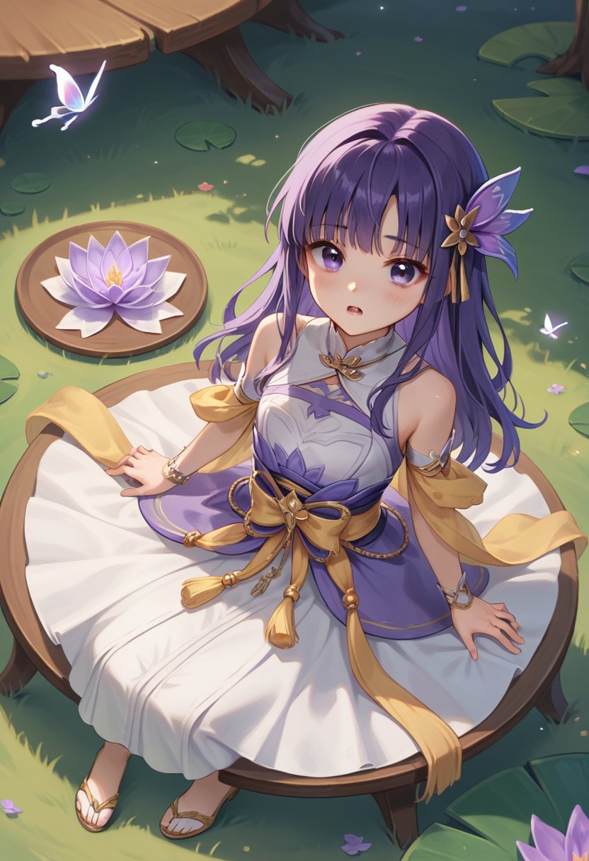 score_9, score_8_up, score_7_up, score_6_up, , score_5_up, , score_4_up, 
BREAK , 

masterpiece, best quality, 1girl, solo, looking at viewer, blush, bangs,Kagura water lily , Long black and purple hair, hair crest, purple eyes, sleeveless white dress, Purple flowers on the dress, yellow cloth and butterfly decorations, flowers in the hair, Full body, sitting on a chair, round table, tree, grass, hill, flower, from above, strawberry cake on the table, Mouth open 