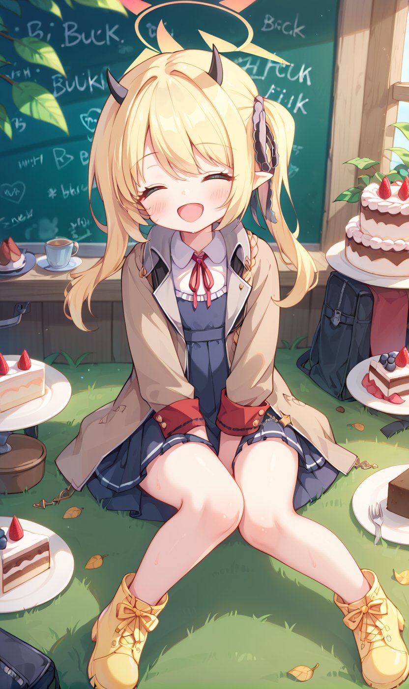 score_9, score_8_up, score_7_up, Cake, Without_people, on the ground grass leaves flowers, fubukiBA,1 little girl in the room, sitting at the table, blackboard, write mixed text Ibuki, closed eyes, blonde hair, wrap skirt, clothes,ibuki-dress,ibuki-default,ibuki \(blue archive\), cuteloliface, happy, +_+, Jumping happily, Tiny horns 