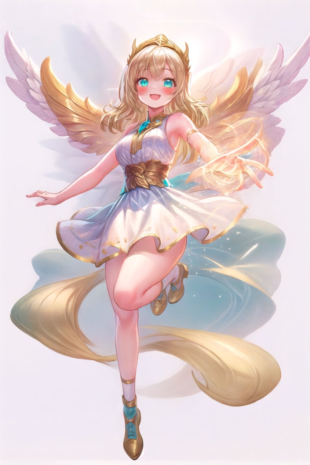 conceptual design, white background, 1girl, hair accessories, blonde hair, Aqua eyes, white dress, sleeveless, decoration, full body, blushing, speech bubble, star, RafaDewi,Angel, happy face 