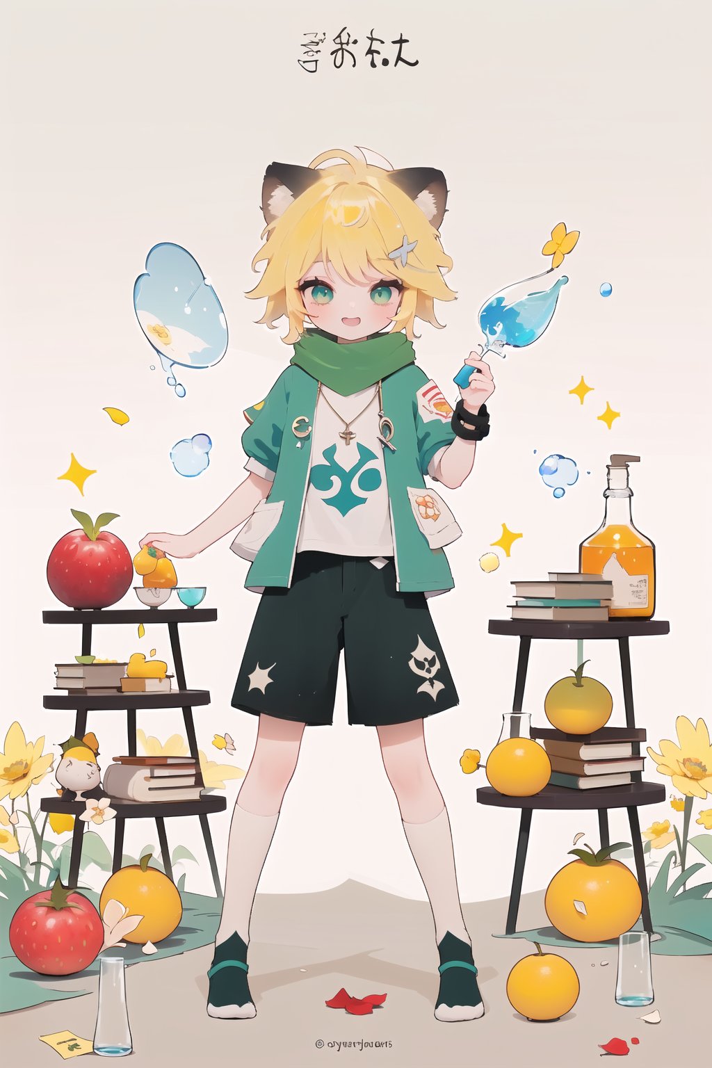 1 Girl, short blonde hair, brown animal ears, green eyes, hairpin, long yellow scarf, a strand of hair standing up, short black t-shirt, green short jacket, necklace, lollipop, shorts, sweet background, joy, "elegant crystal, graceful curves, Filled with orange and white marble fluid forming a fox shape, wavy and dynamic movement Floating pastel flower petals Anime soft pink gradient background. Cute, short blonde hair, animal ears brown, hairpin, yellow scarf, pendant, green rolled up jacket Short sleeve, short black t-shirt, shorts, cloth, necklace, black stockings, In a glass bottle, decoration, table, fruits, grass, flowers, colour_textDecoration, board write, grass, flowers, text, joyml, tousled hair, toys, scattered, Look for it, A strand of hair stands up,Books, children's games, cloth, colorful pointed flags, cups, cakes, Snotty, Red nose, standing, leaning against the wall, thin body, Slim Mouth open in smile Grinning, happy conceptual design, In a glass bottle  