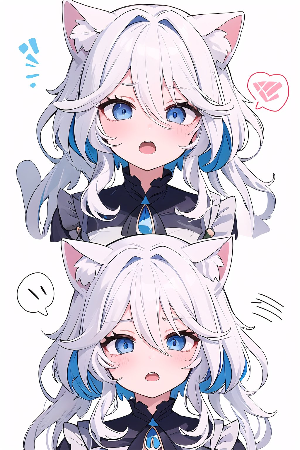 1 girl, Furina, details of blue eyes, cat ears, messy White hair, part of the face, mochi ice white background, \(genshin impact\), Heart sayings, Surprised face, open mouth,