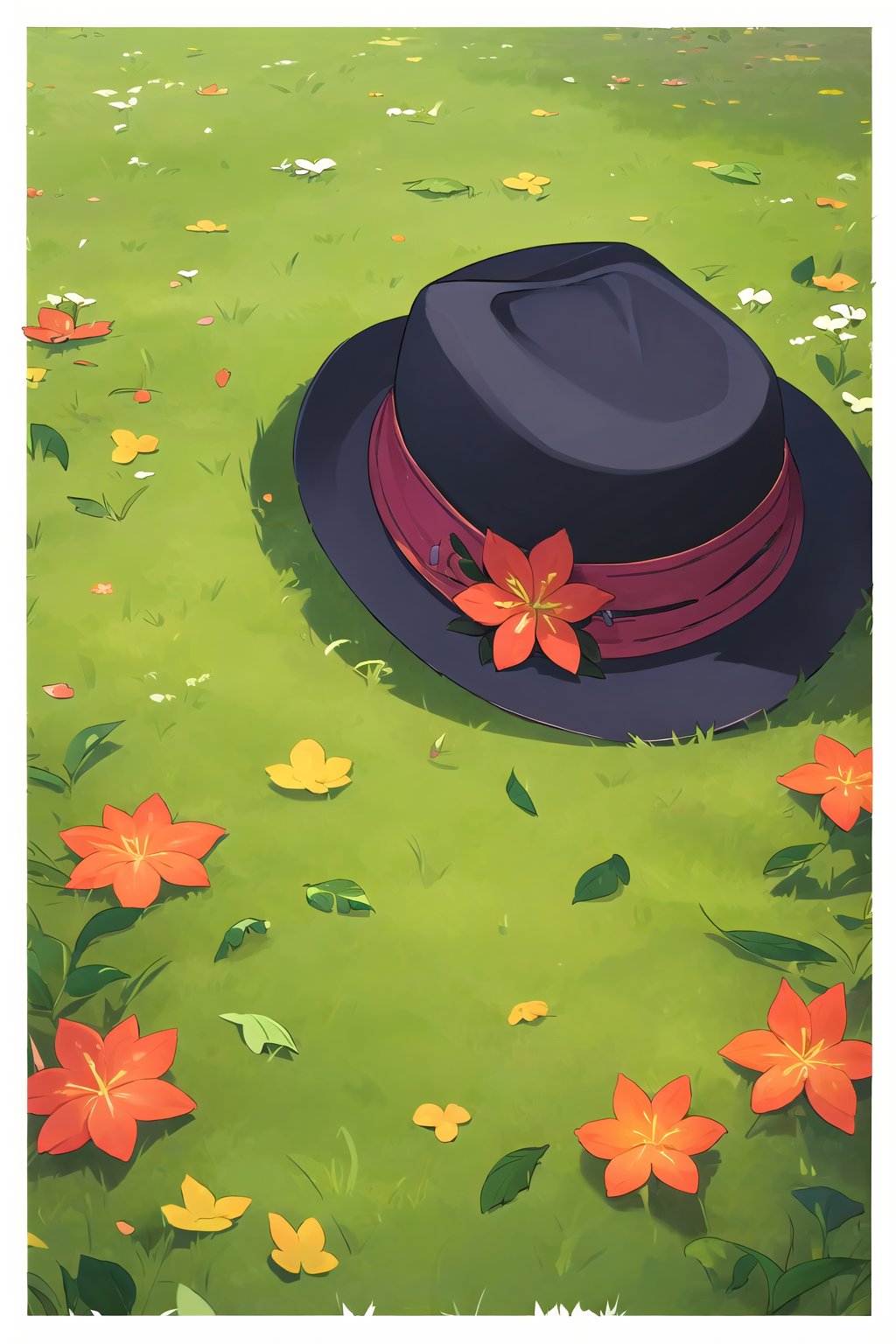  hat, Without_people, on the ground grass leaves flowers 