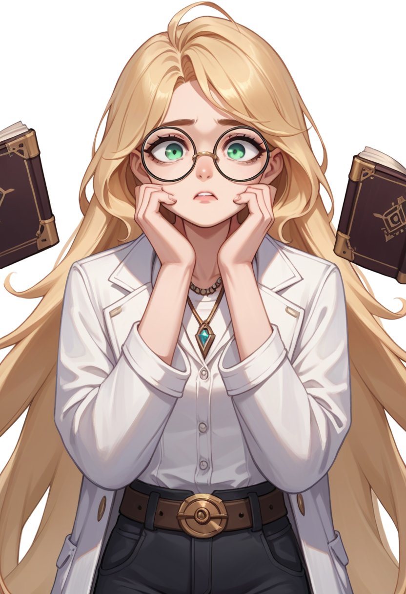 score_9, score_8_up, score_7_up, source_anime,  highly detailed, BREAK, 
  1girl,Layla, Round glasses, very long blonde hair, green eyes, White shirt with belt, black pants, necklace, lilotin, book, white coat White background, upper body, Hand on chin, face thinking,