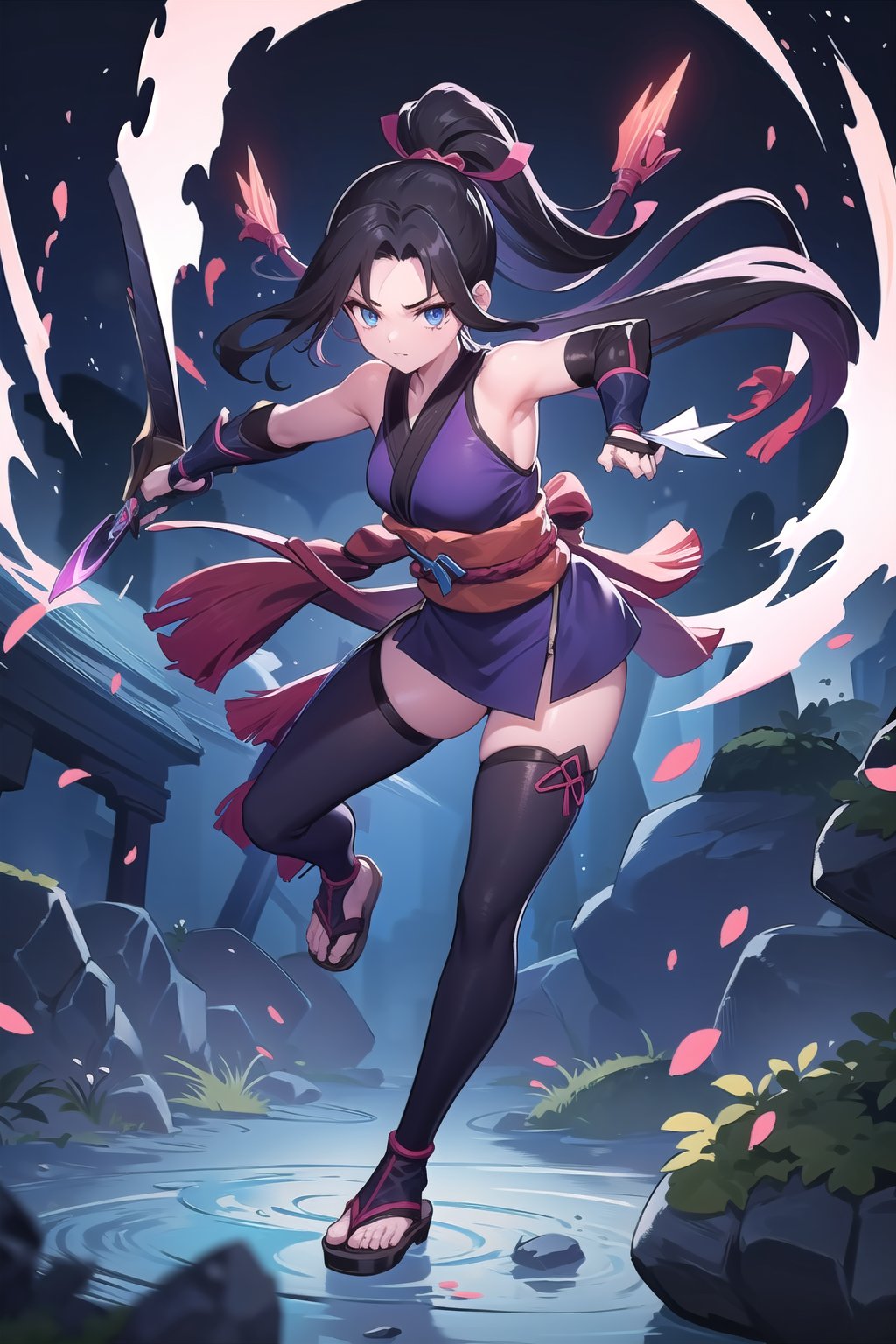 1 ninja girl, adult, black hair, blue eyes, pose, full body, dark background, light splashes, rocks, kunai, ScarletFlower