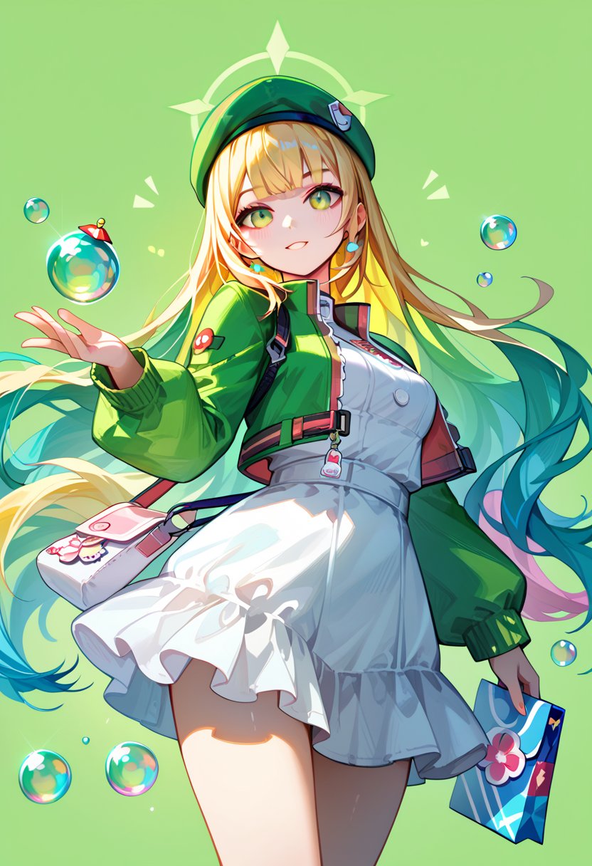 score_9, score_8_up, score_7_up, score_6_up, , score_5_up, , score_4_up, 
BREAK , 

masterpiece, best quality, Looking at the audience, 1girl solo, bangs,pose,Floryn, Blonde hair colorful hair long green beret, white dress green crop short jacket long sleeve, strap bag, green bubble background,