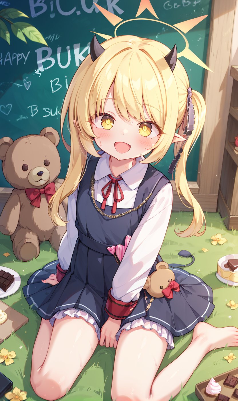 score_9, score_8_up, score_7_up, Teddy bear, Without_people, on the ground grass leaves flowers, fubukiBA,1 little girl in the room, sitting at the table, blackboard, write mixed text Ibuki, Yellow eyes, blonde hair, wrap skirt, clothes,ibuki-dress,ibuki-default,ibuki \(blue archive\), cuteloliface, :3, chocolate cream cake, From the front  