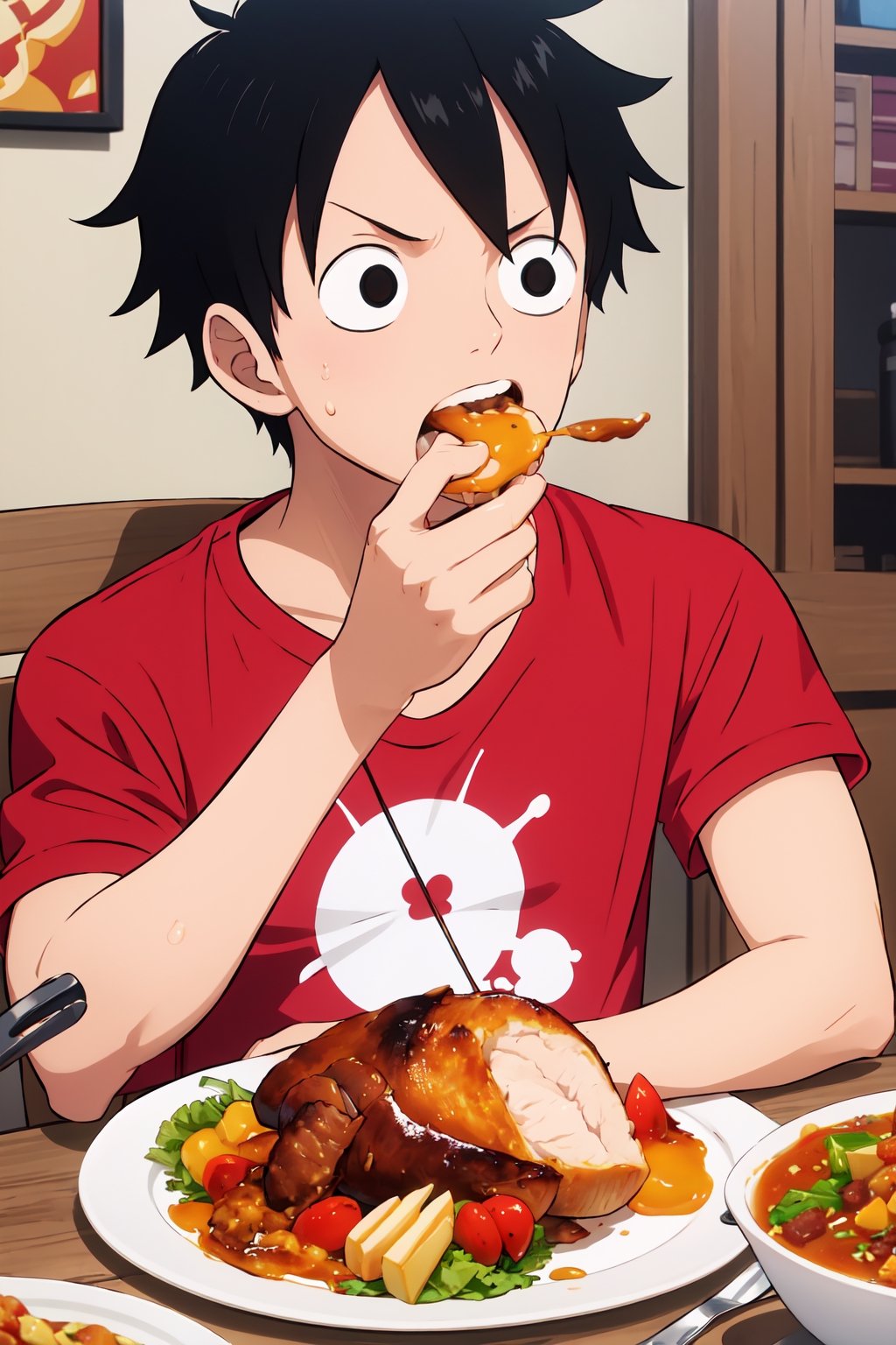 masterpiece, best quality, (detailed eyes, detailed background), absurdres, highres, highly detailed, masterpiece, best quality, black eyes, luffy eating, table and turkey food, food in mouth, indoors, upper body, wearing red and black t-shirt, Luffy,