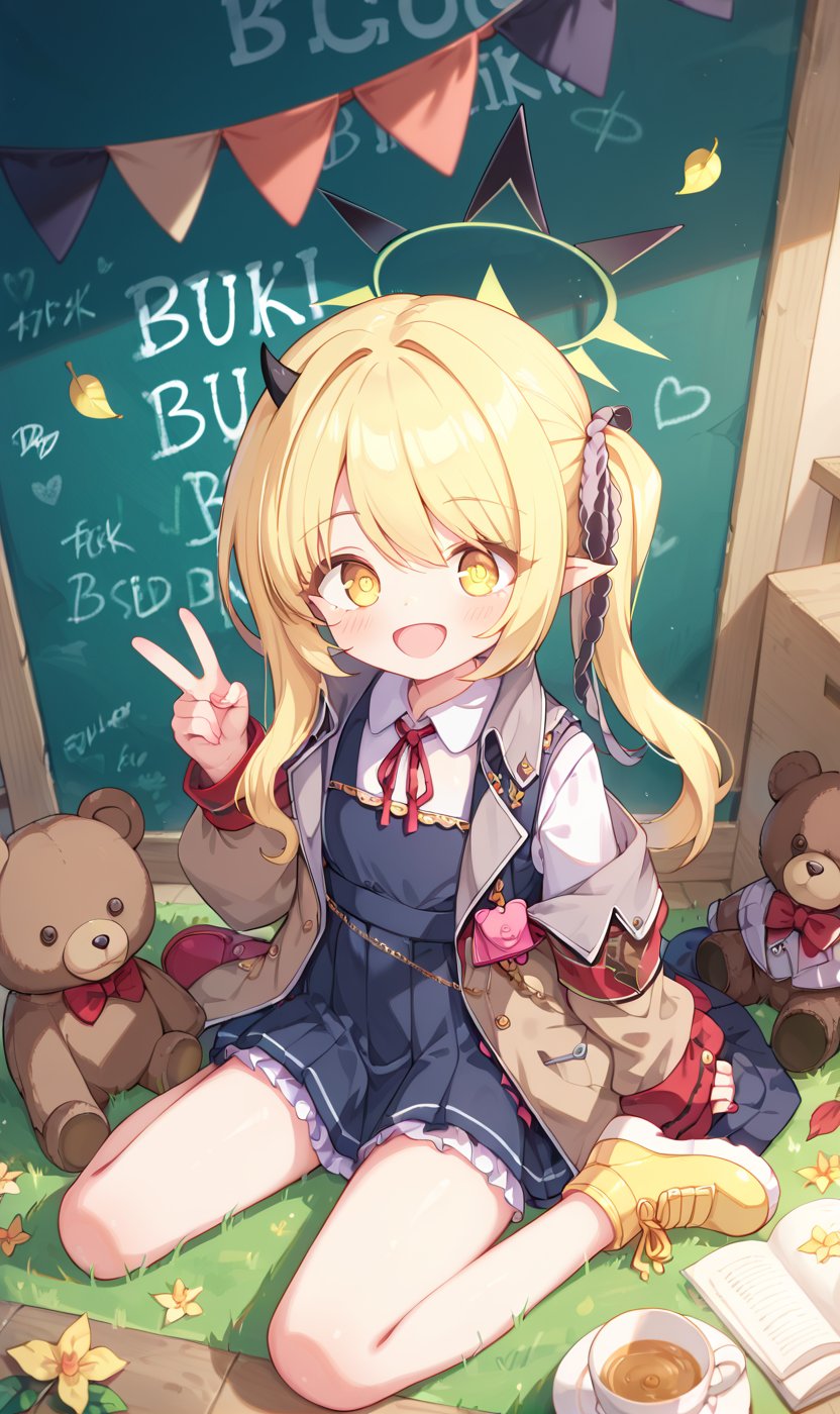 score_9, score_8_up, score_7_up, Teddy bear, Without_people, on the ground grass leaves flowers, fubukiBA,1 little girl in the room, sitting at the table, blackboard, write mixed text Ibuki, Yellow eyes, blonde hair, wrap skirt, clothes, smile,ibuki-dress,ibuki-default,ibuki \(blue archive\), cuteloliface, Grinning 