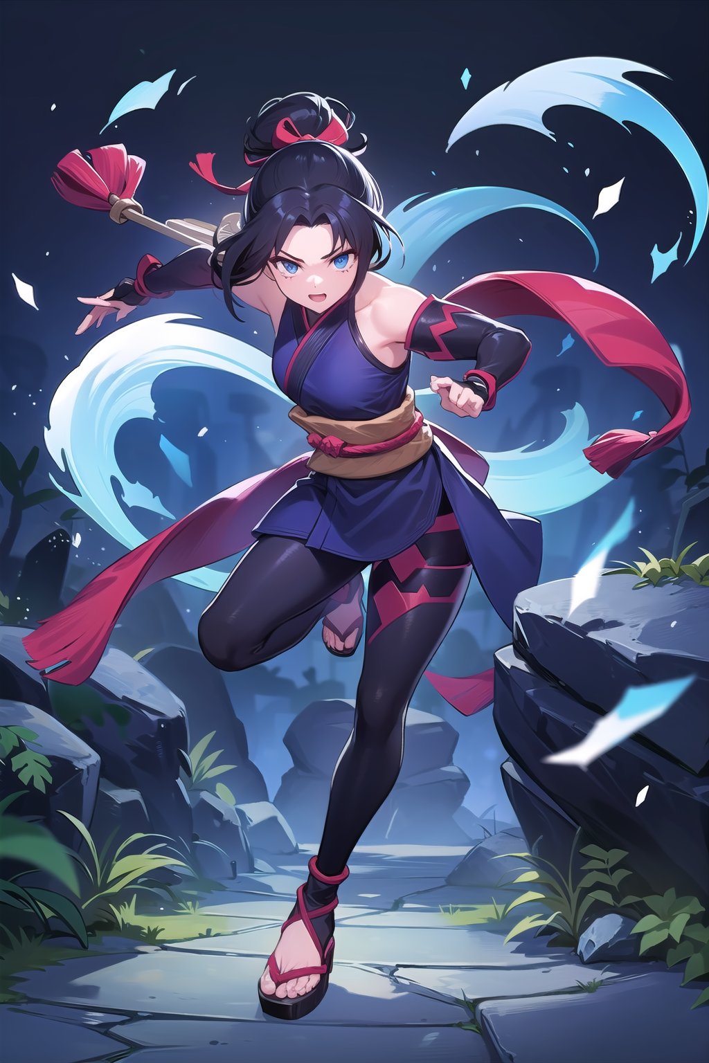 1 ninja girl, adult, black hair, blue eyes, pose, full body, dark background, light splashes, rocks, ScarletFlower