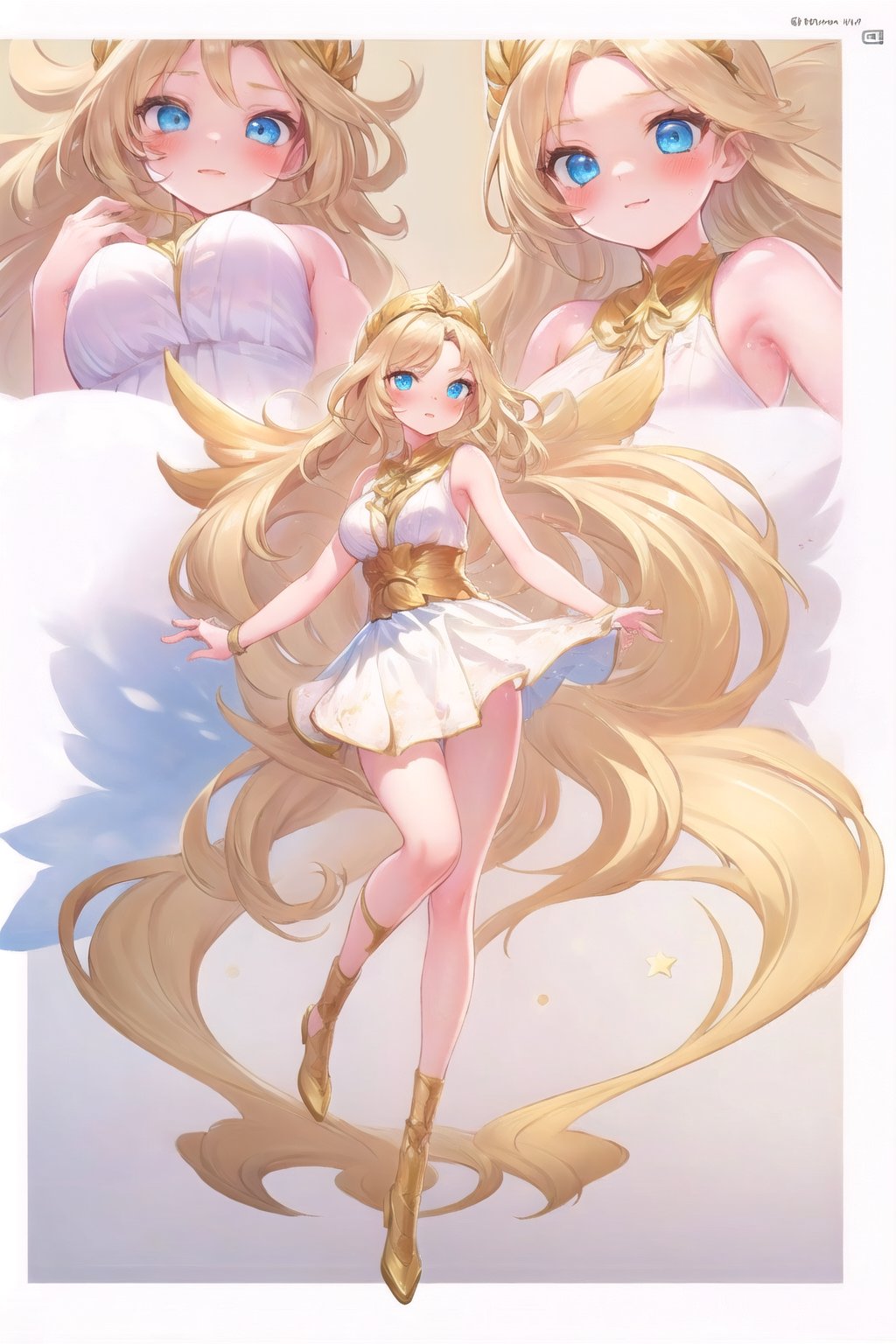 conceptual design, white background, 1girl, hair accessories, blonde hair, blue eyes, white dress, sleeveless, decoration, full body, :l, blushing, speech bubble, star, RafaDewi,Angel,RafaGoddess, Angel's Milestone, Border line details