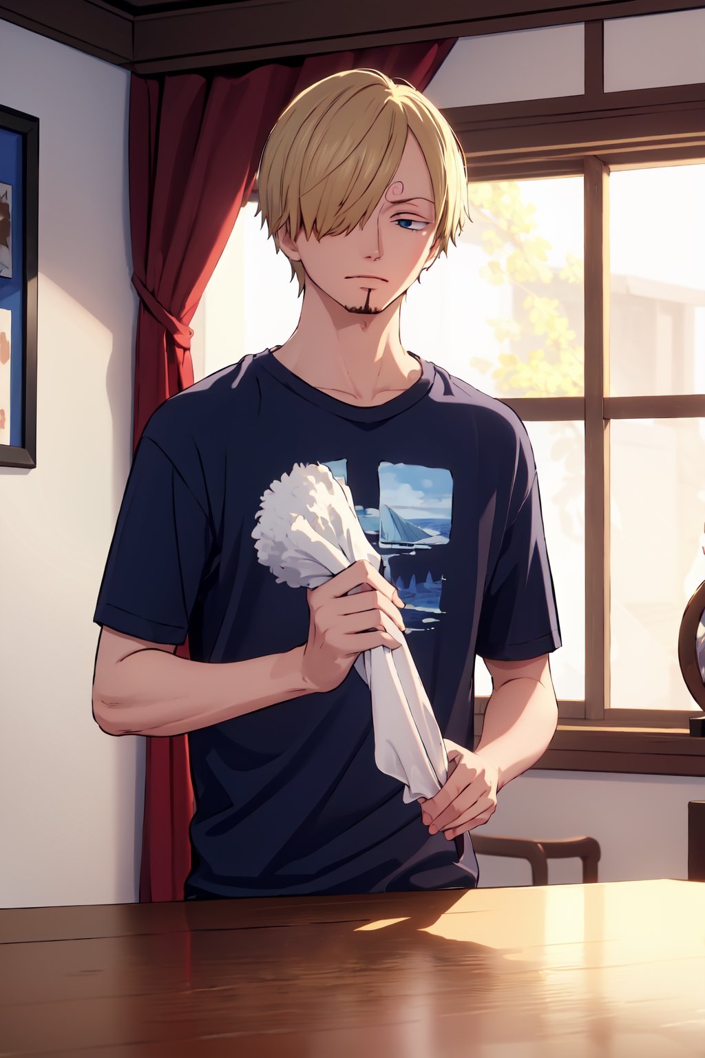 masterpiece, best quality, (detailed eyes, detailed background), absurdres, highres, very detailed, masterpiece, best quality, eyes closed, sanji is cleaning, wiping the table, inside the ship's room, upper body, wearing a blue sleeved t-shirt long and black, Sanji,