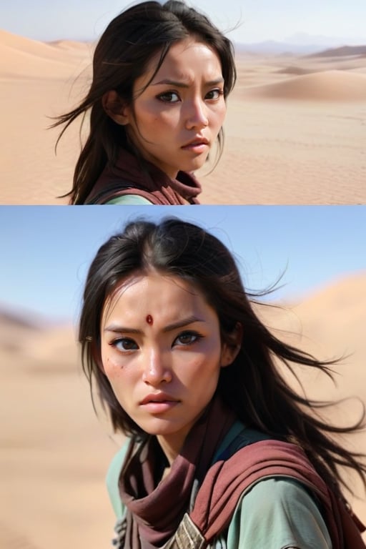 charachter seen from multiple angles, nomad female in the desert seen from multiple anglea, age 30, dark hair, half asian, cold landscape, 