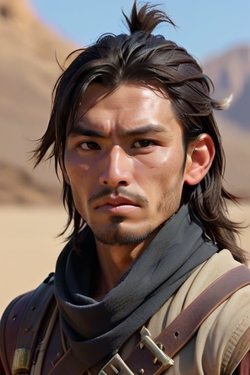 charachter seen in side view, nomad male age 35, beautiful man, in the desert seen from multiple anglea, age 30, dark hair, half asian, cold landscape, strict profile perspective