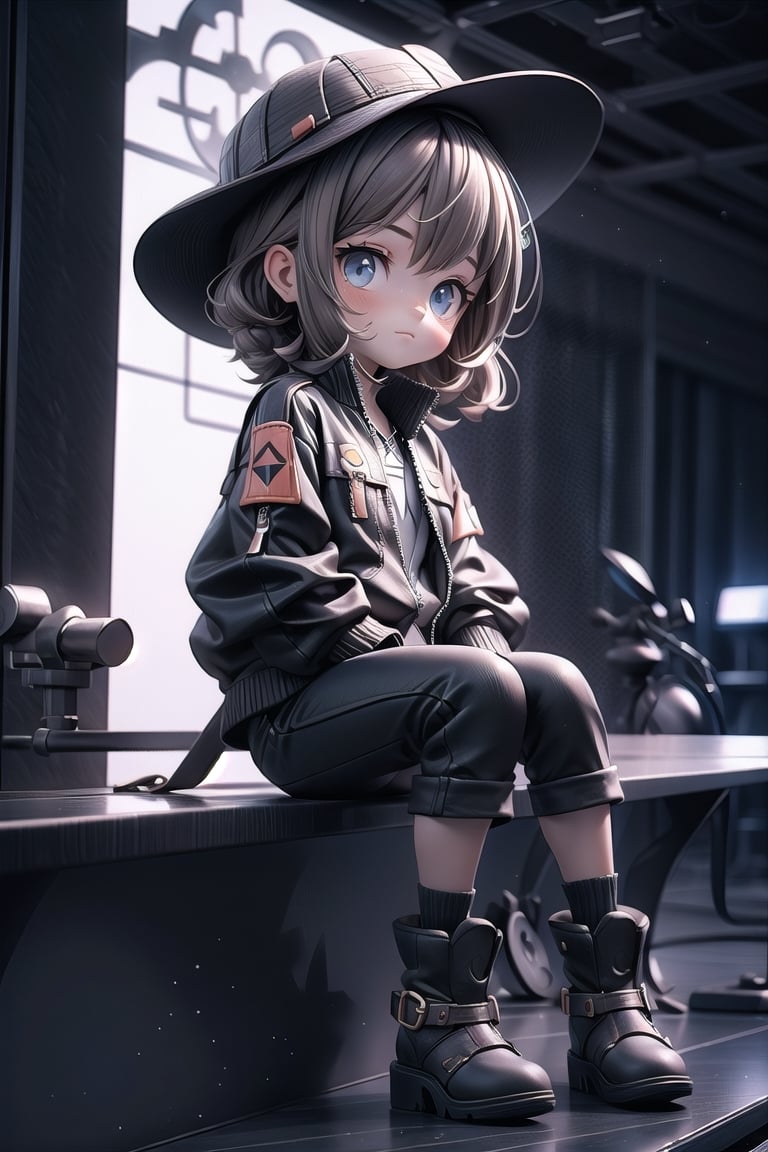 Solarization effect, soft pestel color, pixar, cute, boy, light brown hair, dark blue zip up, black capri pants, big designer boots, small dark gray Bucket Hat, black watch, black socks, 3d style