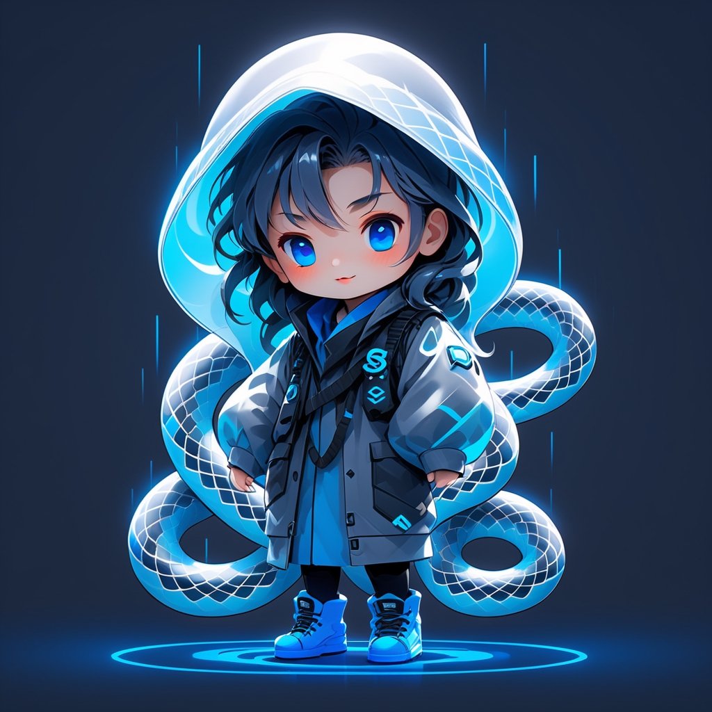 1 (Chibi_snake_Mascot:2) for TenTen, an adorable look.

(((Main colors: Dark gray:2 , Blue:2))), neon effect, cute modern 3D animation style.

Minimalist background with ((2 alphabet T and A)).

(Ultrasharp, 8k, detailed, ink art, stunning, vray tracing), style raw, 3d render, Monster. 1 boy, Snake, Leonardo Style,cyberpunk style