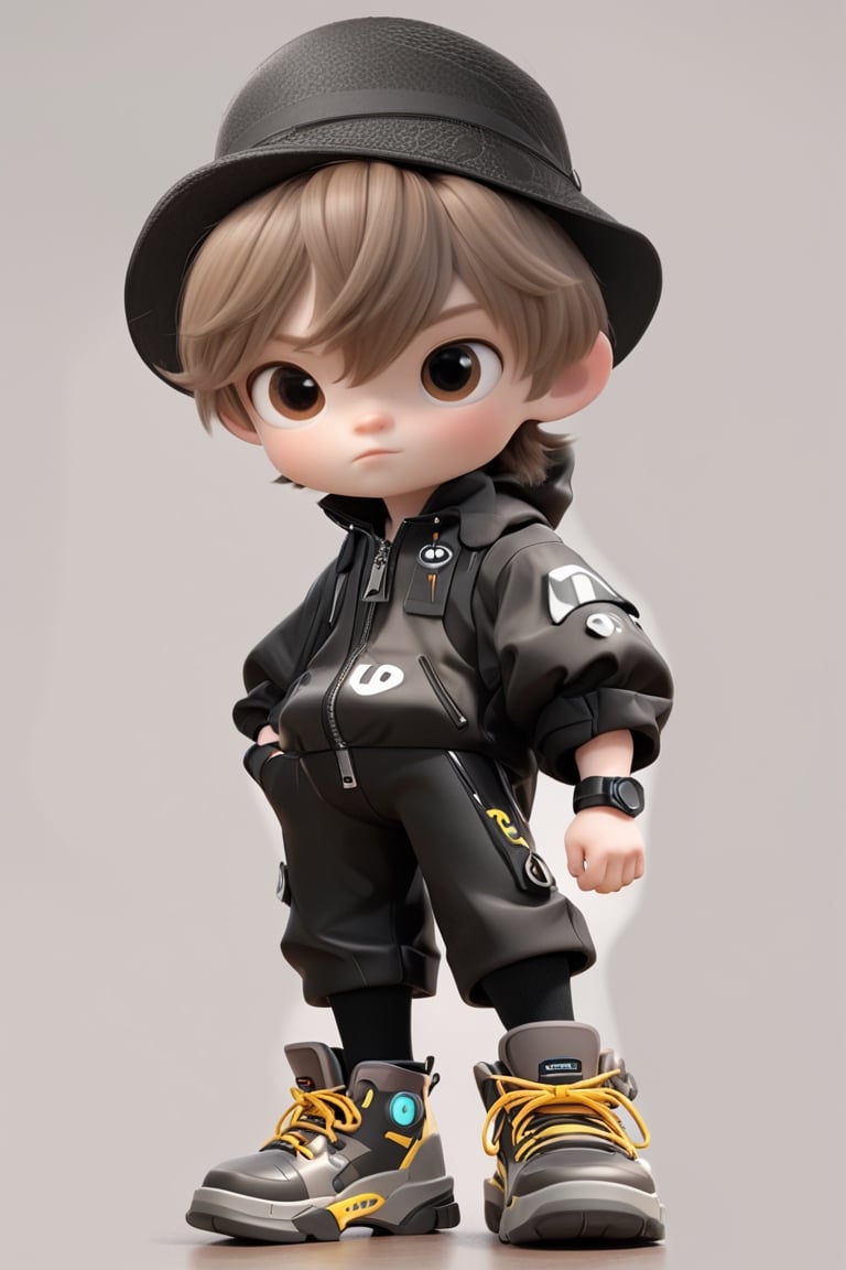 pixar style, cute, boy, light brown hair, Black zip up, black capri pants, big designer boots, small dark gray Bucket Hat, black watch, black socks,3d style,3D IP\(hubgstyle)\