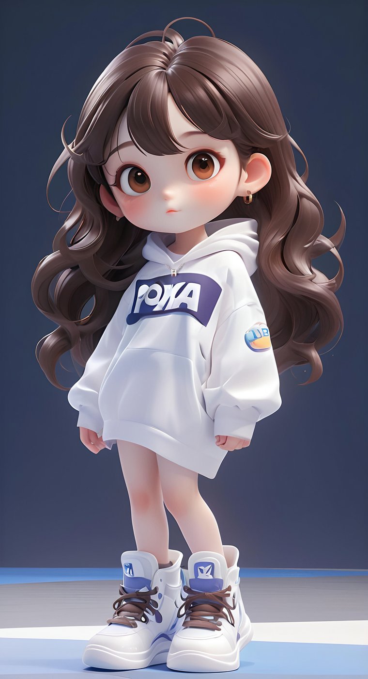 pixar style, cute girl, long hair, dark brown hair, white desiger sport shoes, 3d style, 3D IP