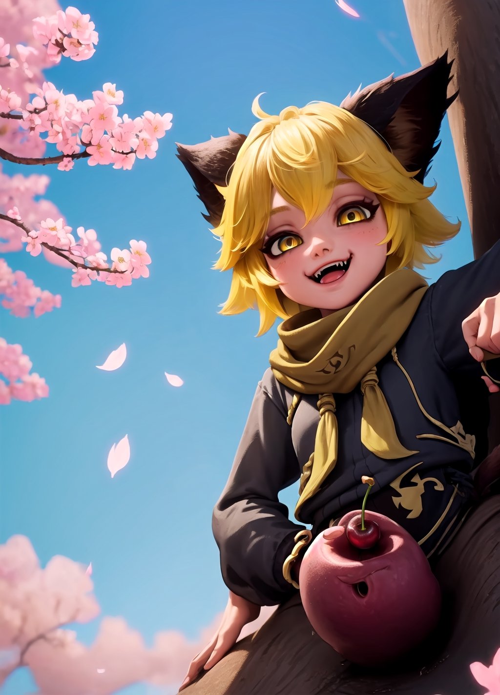 artwork, best quality, 1girl, yellow eyes, short hair, yellow hair, smile with fangs, cat ears, short tail, climbing a tree, sky, cherry blossoms, temple, looking at viewer, upper body, from below, looking up top of tree,