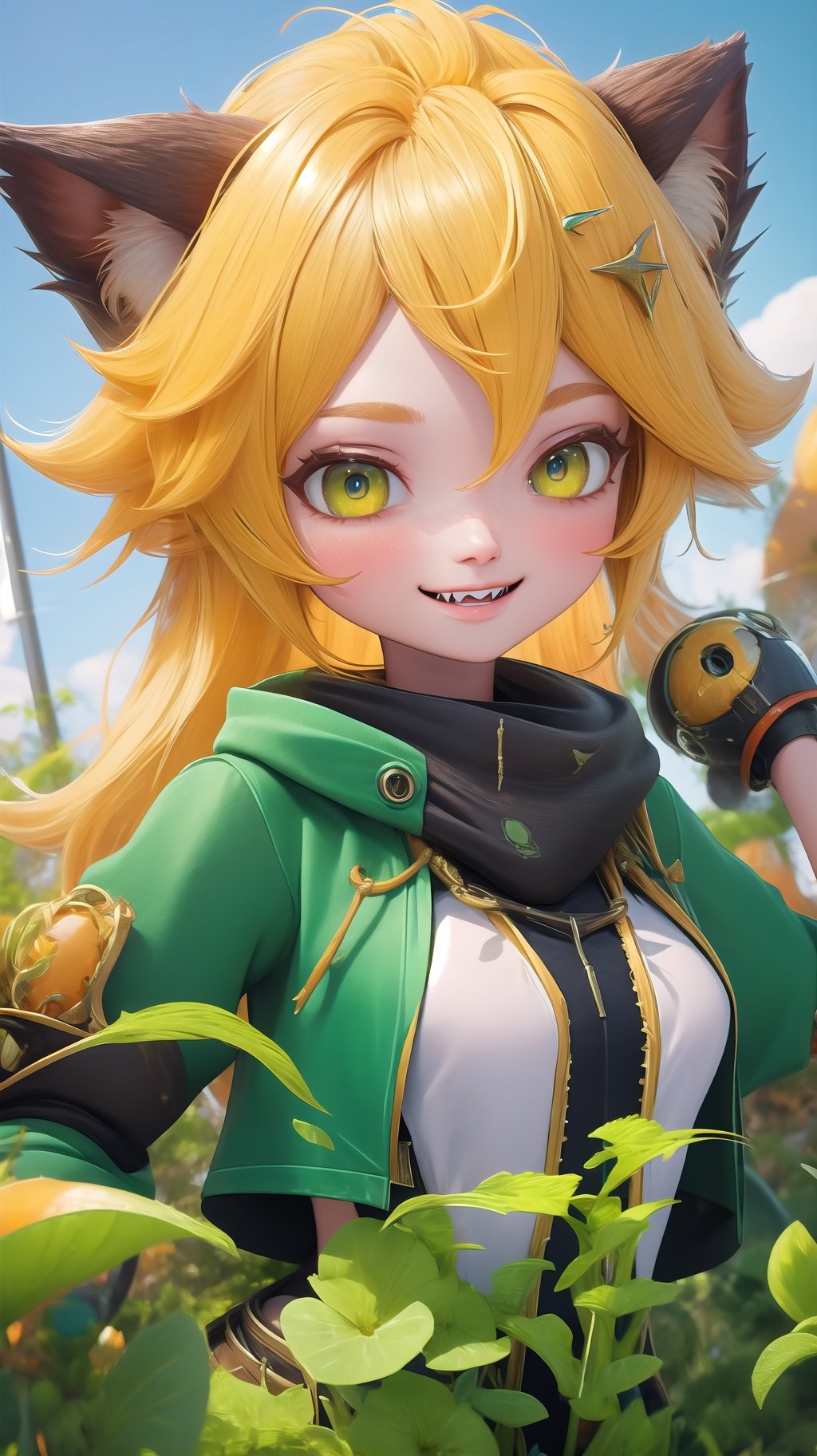 (masterpiece, top quality), intricate details, thin, ((slim)), beautiful girl, teenage woman, Yellow hair, white skin, light yellow eyes, cat ears, sharp jawline, cropped jacket, messy hair, lips , fangs, upper body, almost awake, grinning, happy, excited pet pose,1GIRL MINATO_AQUA,mecha,pole_dancing,car,DonMG414 